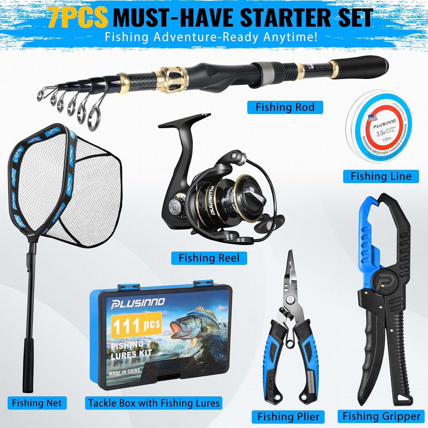 PLUSINNO Fishing Gear,Full Fishing kit Include Fishing Rod and Reel Combo, Tackle Box with Fishing Lures, Fishing Accessories, Fishing Pliers,Fishing Gifts for Men with Fishing Tool Kit