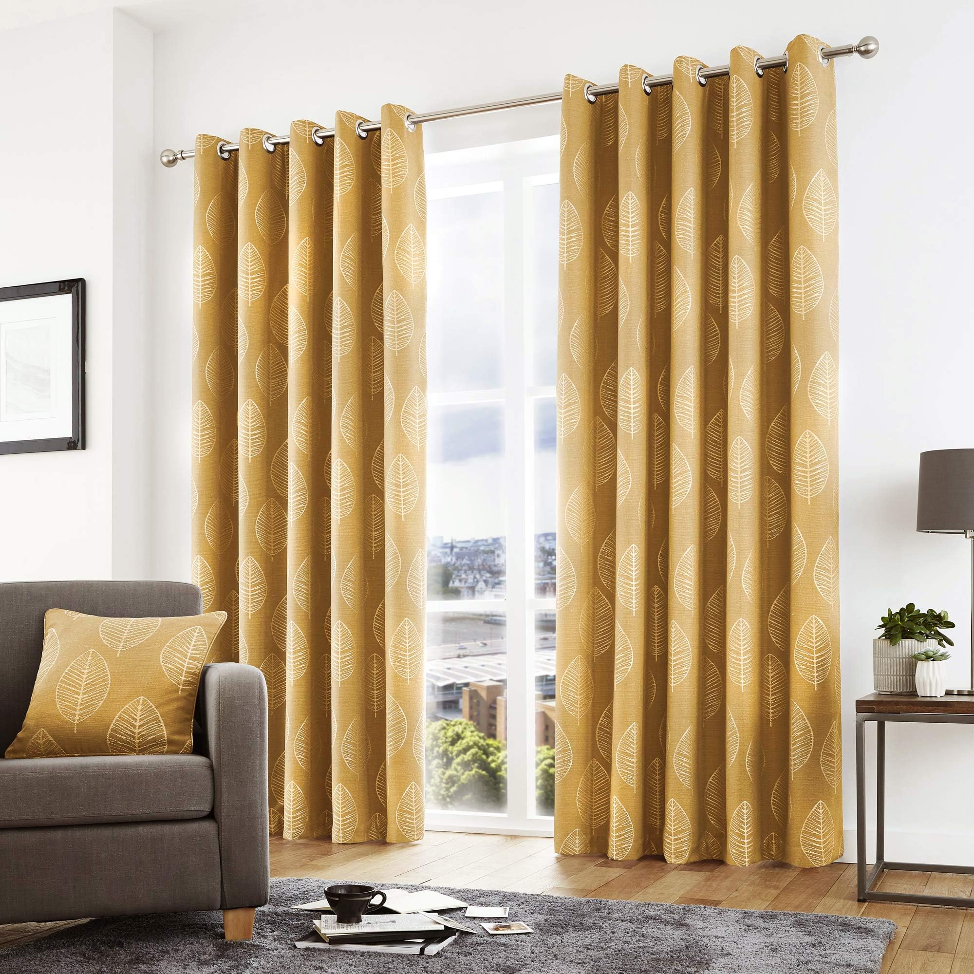 Curtina - Helsinki - Ready Made Lined Eyelet Curtains - 46" Width x 54" Drop (117 x 137cm) in Ochre Yellow