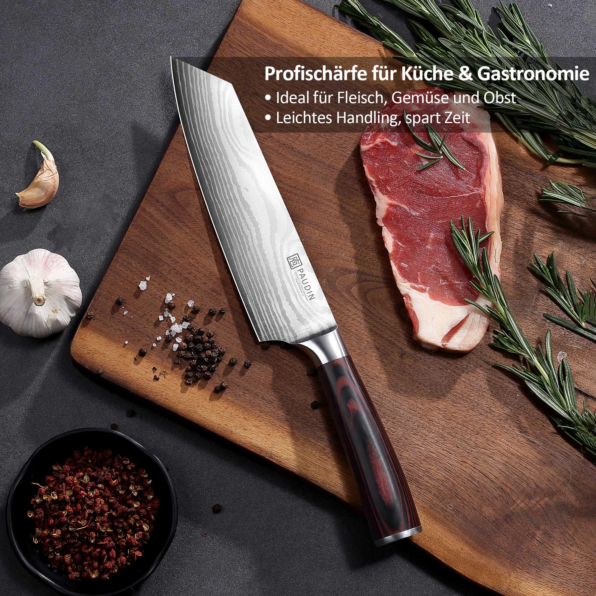 PAUDIN Coltello Santoku da 20 cm, coltello da chef giapponese Kiritsuke, coltello da cucina affilato in acciaio inossidabile ad alto tenore di carbonio, impugnatura ergonomica, perfetto per carne