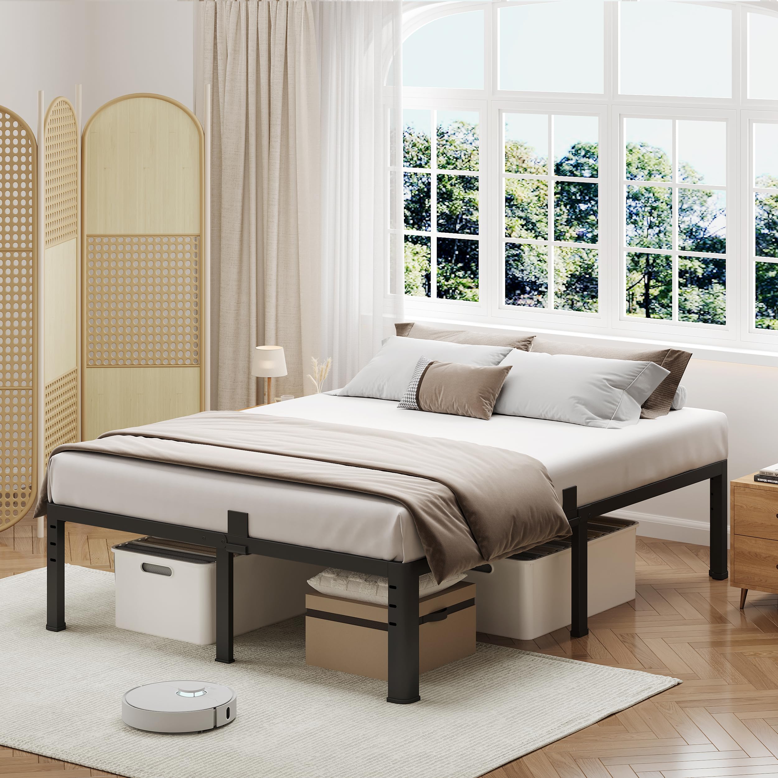 Marco de cama de plataforma de metal de 18 pulgadas, marco de cama tamaño Queen con patas de esquina redondas, soporte de listones de acero resistente de 3,500 libras, no necesita somier, fácil 9