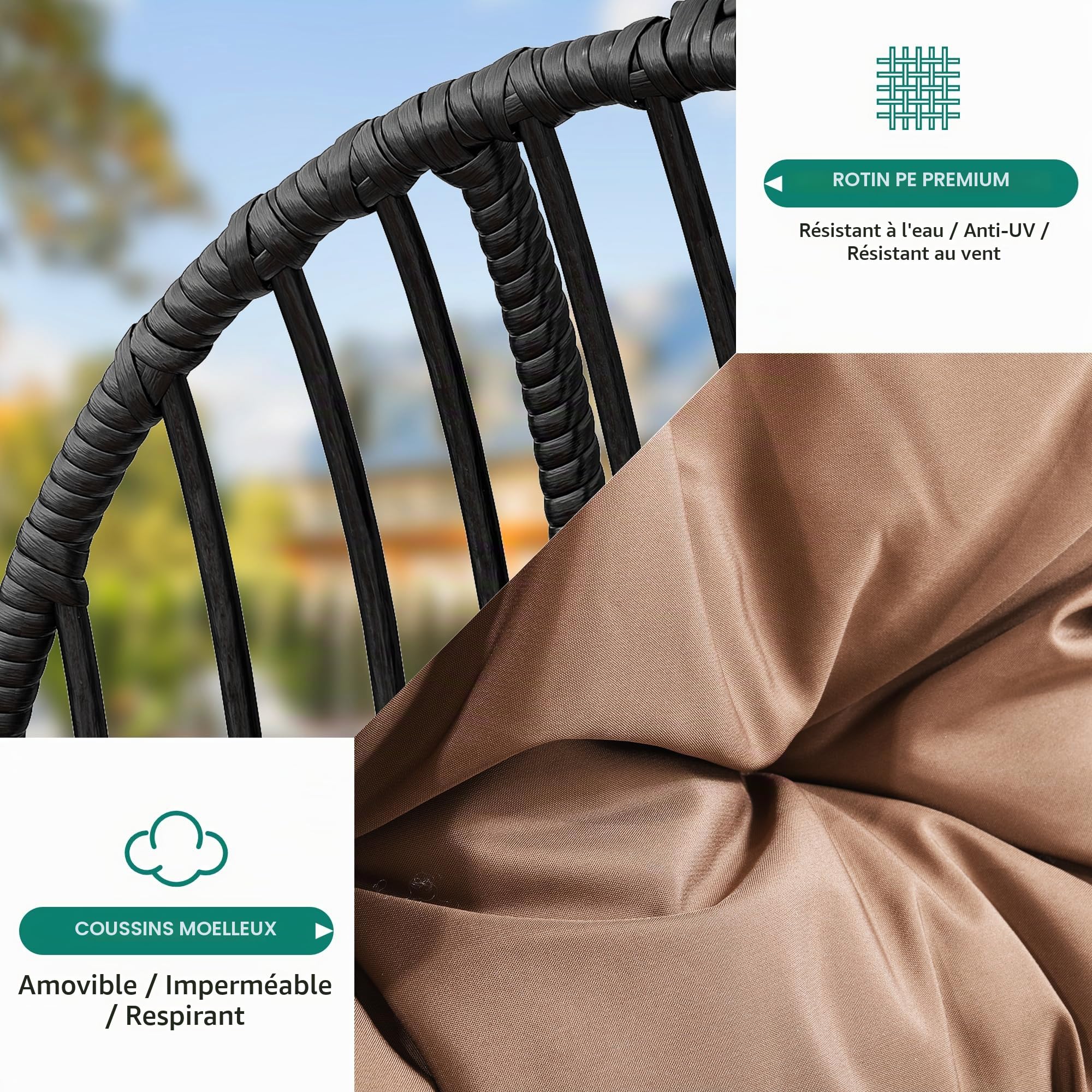 YITAHOME Chaise Suspendue Oeuf avec Coussin 150 kg, Fauteuil Hamac Suspendu Extérieur/Intérieur avec Porte-gobelet, Siège Pendentif en Rotin pour Jardin Terrasse Balcon Salon, Gris