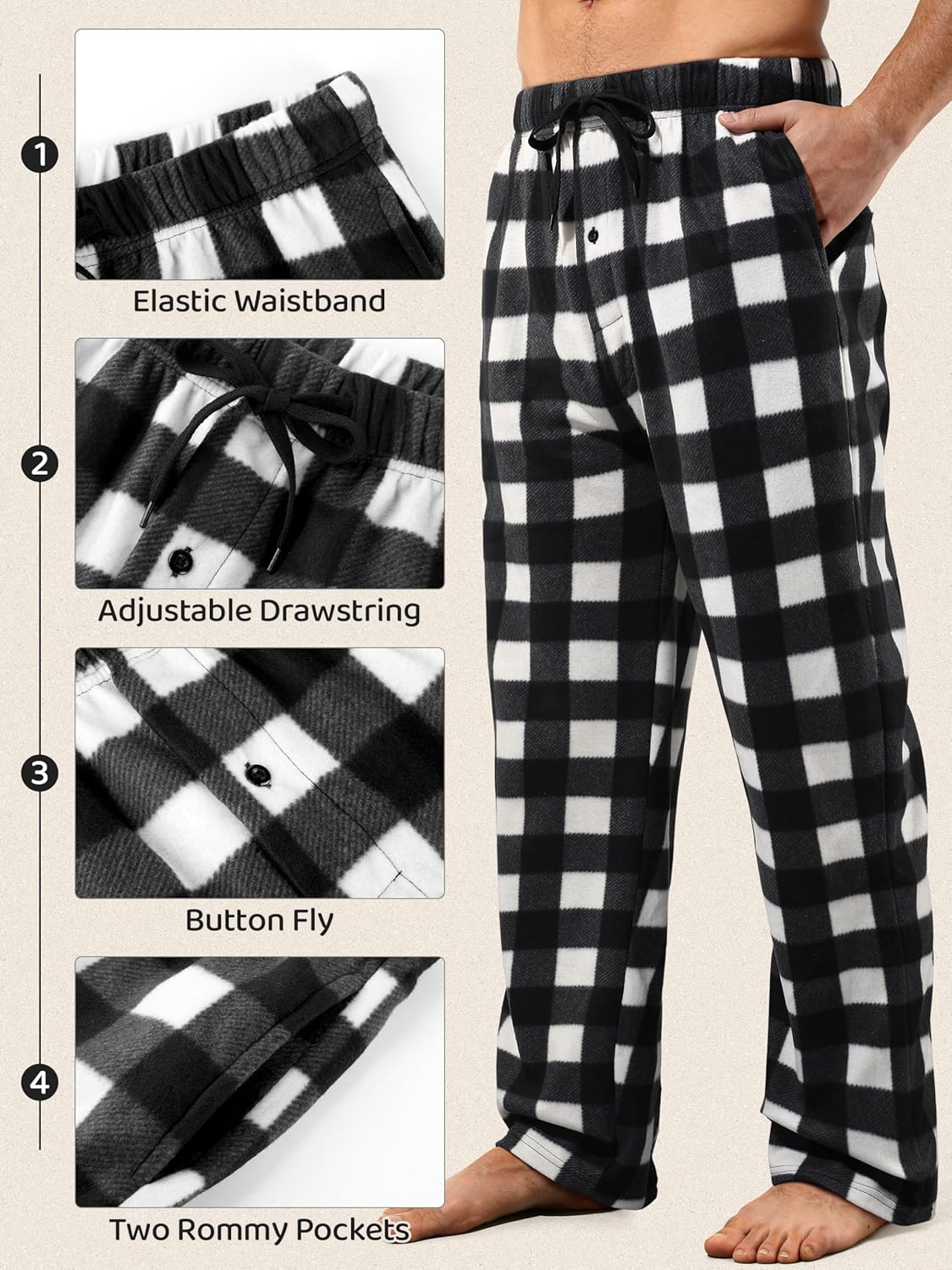3 Pack Mens Pajama Pants Microfleece Plaid Pajama Bottoms Sleepwear PJ Sleep & Lounge Pants with Pockets & Drawstring - Image 3