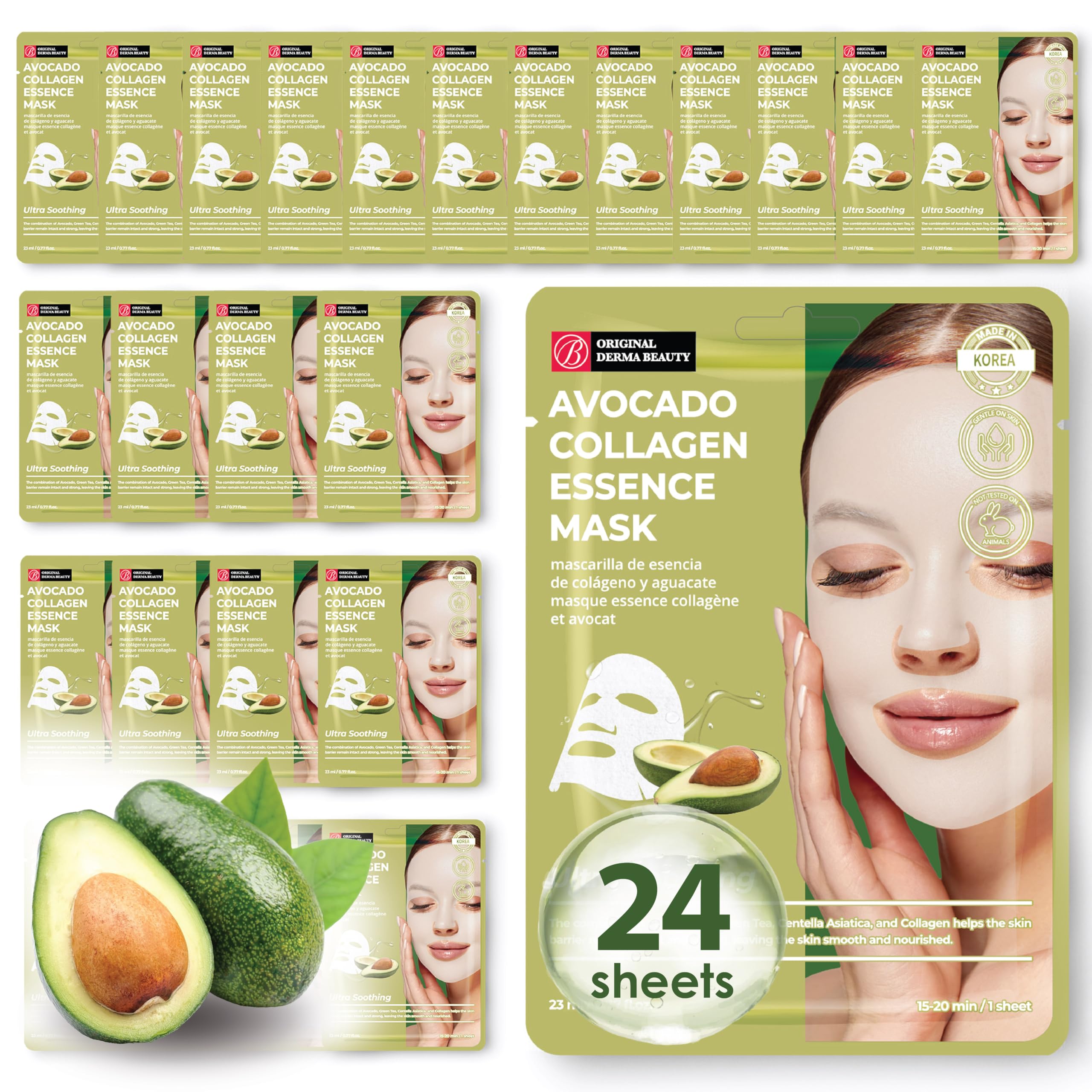 Original Derma Beauty Collagen Face Masks 24 PK Ultra Soothing Avocado Face Mask Skin Care Sheet Masks Set for Beauty & Personal Care Korean Face Mask