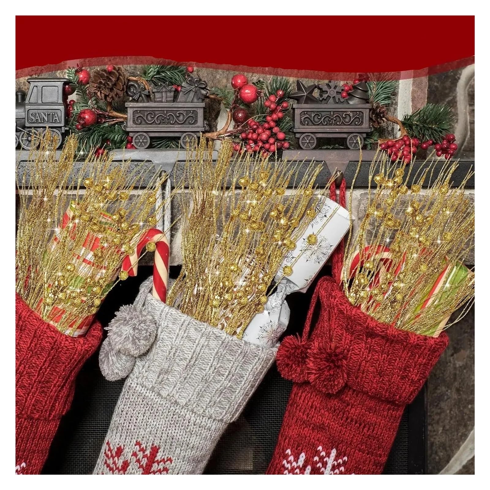 Ramo de ramas con bayas artificiales, Tallos de ramitas bayas artificiales con purpurina multicolor 43 cm 1-10 piezas(Red With Berry,10PCS)