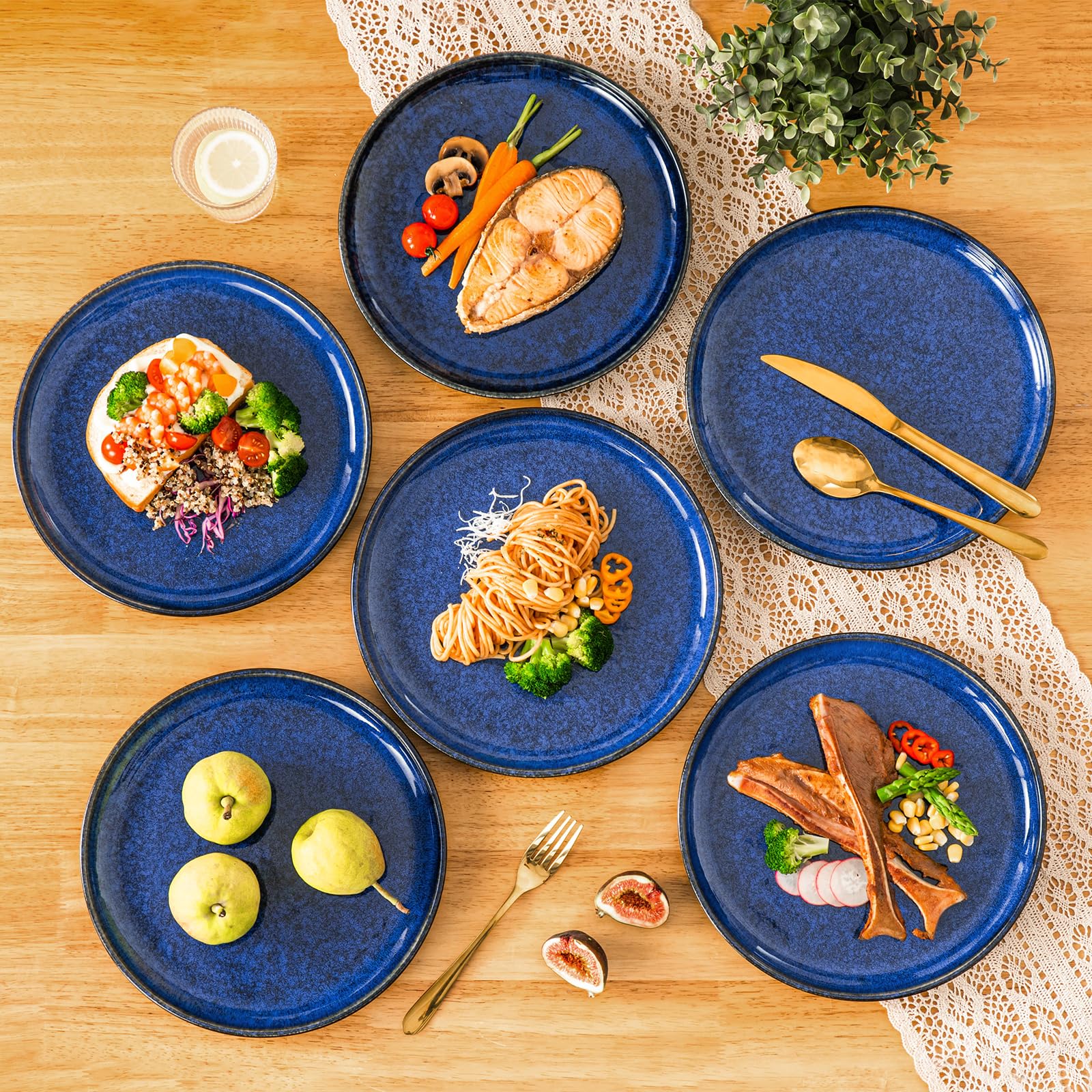 vancasso STARRY Set de 6 Platos Llanos, Platos de Ensalada de 26 cm, Platos de Desayuno de Gres, Juego de Platos de Cena para Cocina, Apto para Lavavajillas y Microondas, Esmalte Reactivo Azul