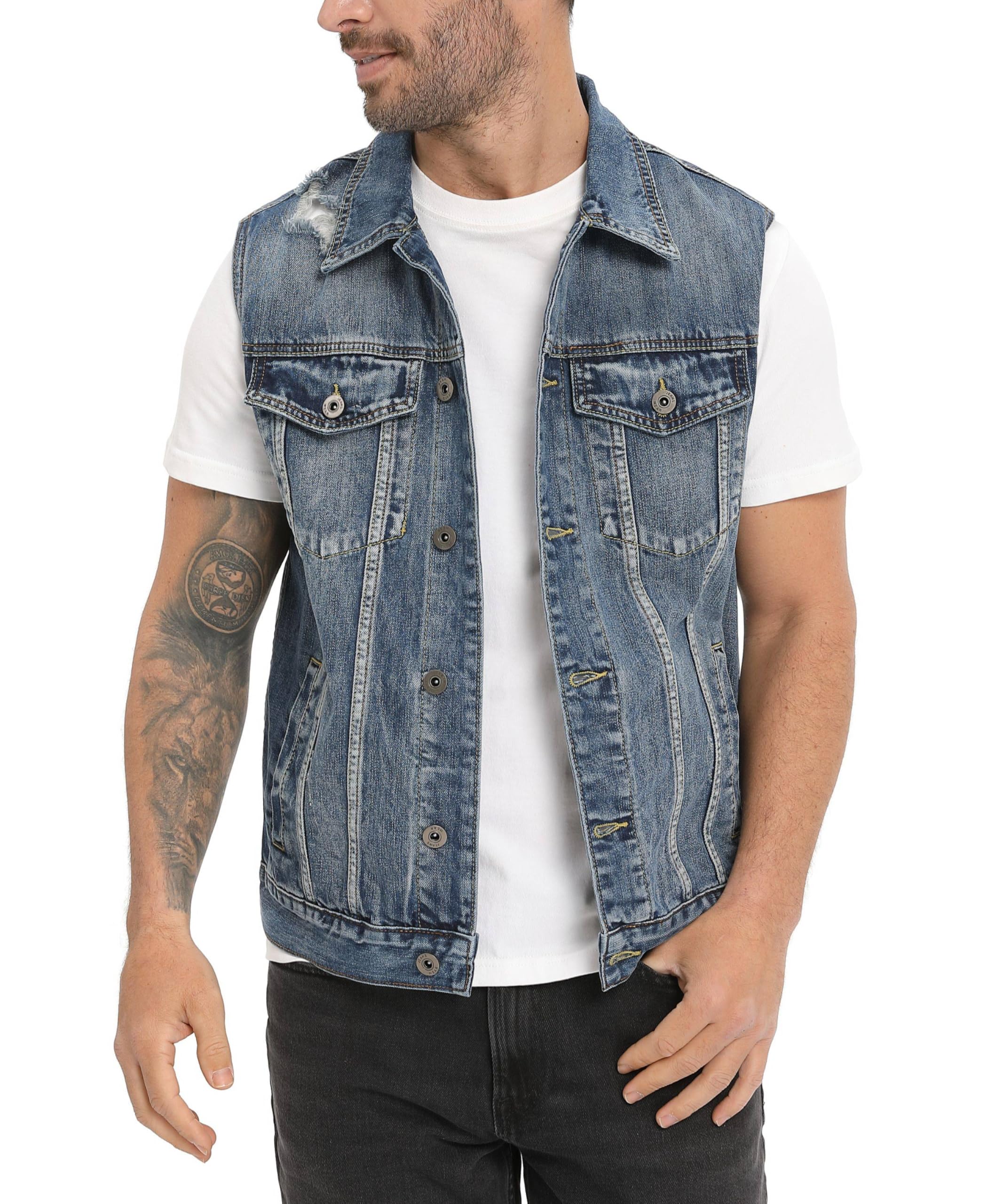 Gilet homme Denim Déchiré Rétro Cowboy Veste Décontractée Sans Manches Jean Veste de Moto Courte Denim Revers Vintage Gilet