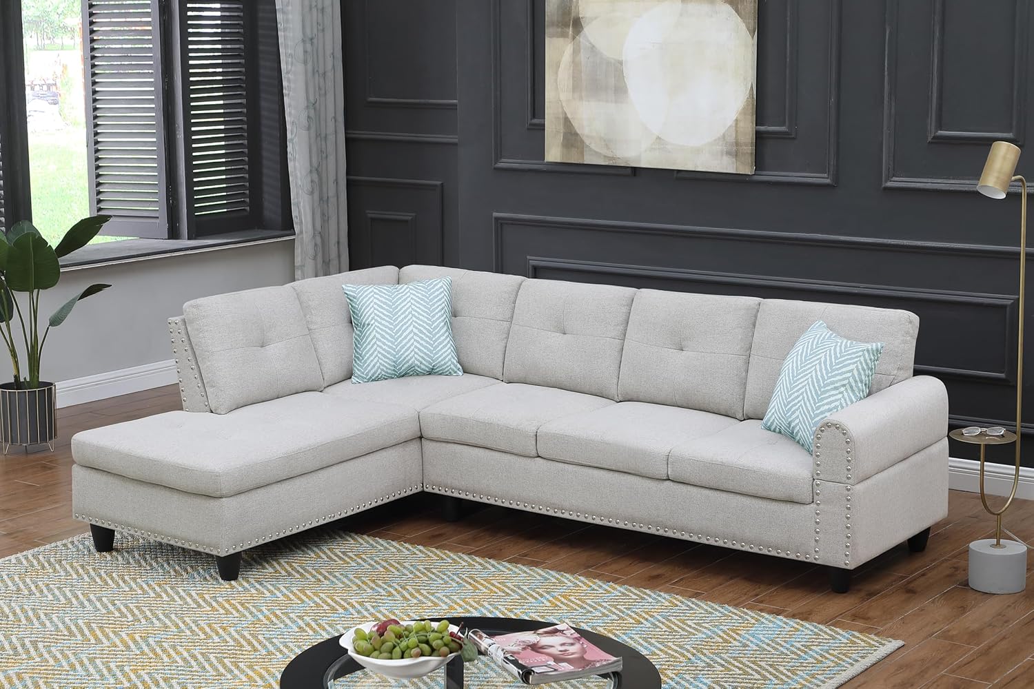 Modern L-Shaped Sectional Sofa Couch, 3-Seater Button Tufted Linen Fabric Sectional with Pull-Down Console and Dual Cup Holders, Toss Pillows, 98” W x 71” D x 33” H, Light Gray