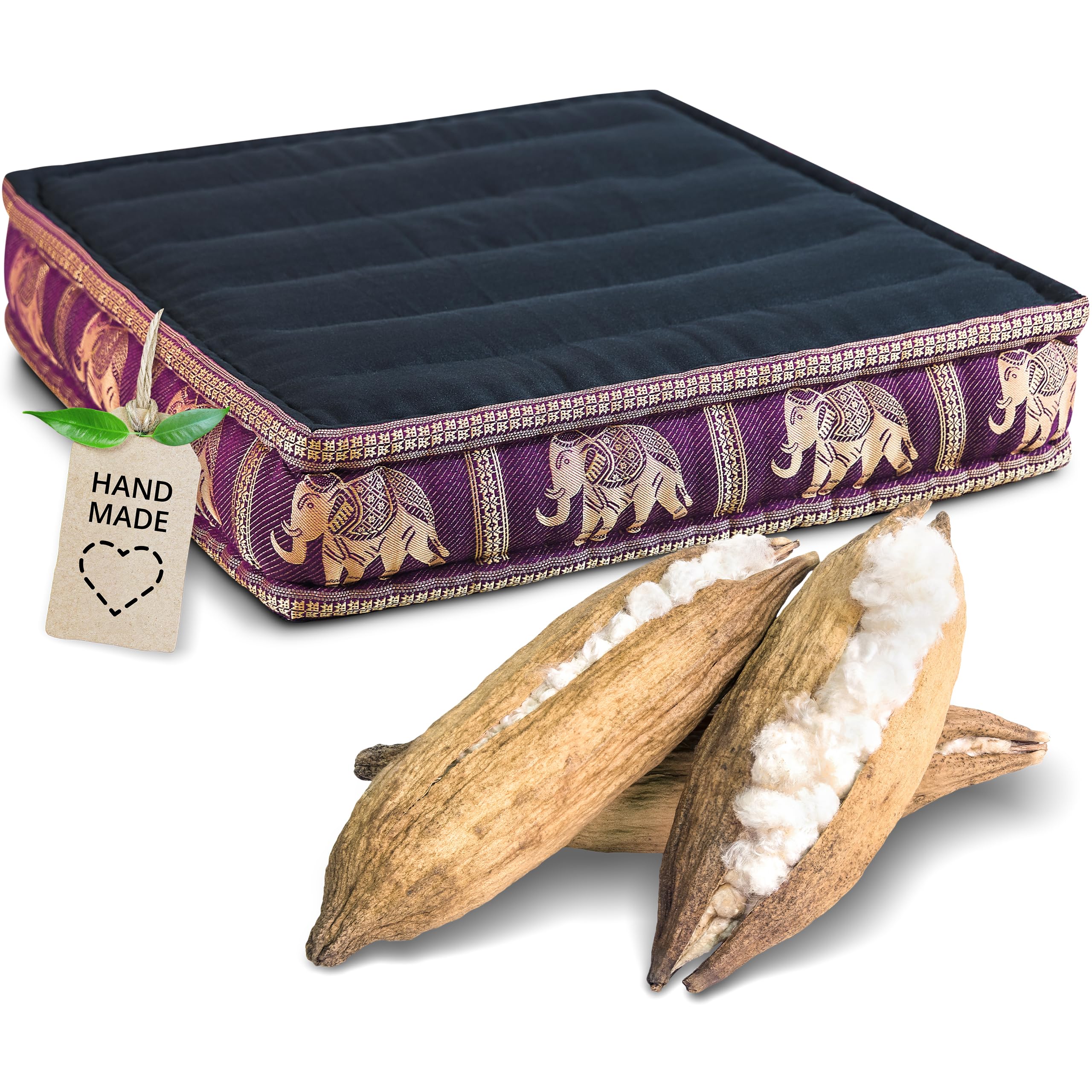 livasia Sitzkissen Boden Thaiseide - 50x50x10cm - Bodenkissen Indoor/Outdoor, Meditationskissen Yogakissen, Stuhlauflage Palettenmöbel, Steppkissen Bank handgefertigt (Schwarz/Lila/Elefanten Seide)
