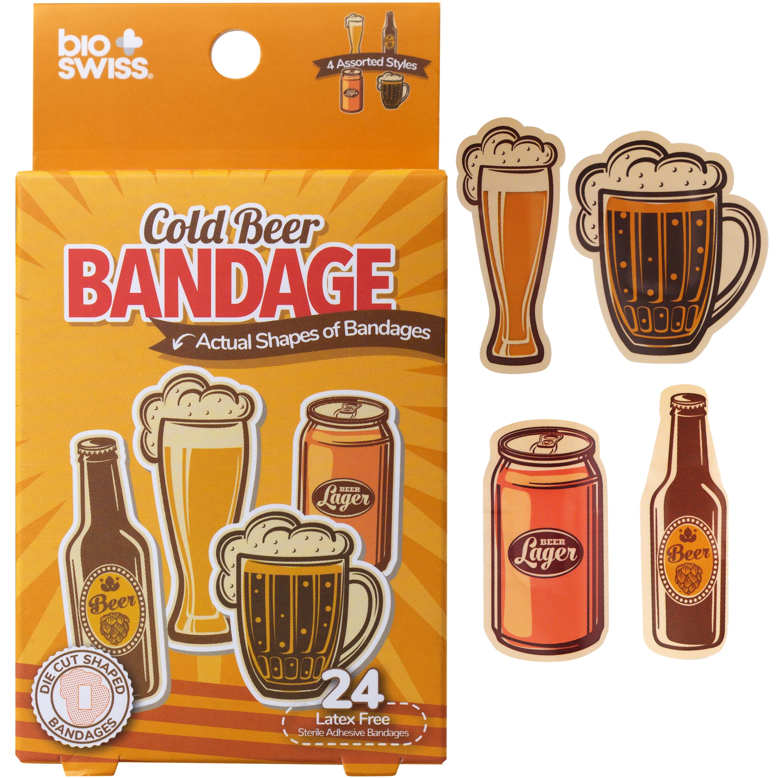BioSwiss Funny Bandages, Cold Beverage Shaped Adult Novelty Self Adhesive Bandage Set, Latex Free, Sterile Wound Care, 24 Count