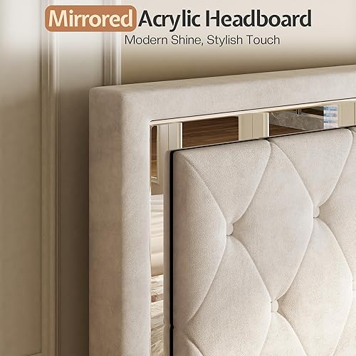 Miniatura 6 de Jocisland Base de cama Queen con cabecero y estribo de luces LED, tapizado de terciopelo, marco de cama tamaño Queen, no necesita somier, color crema