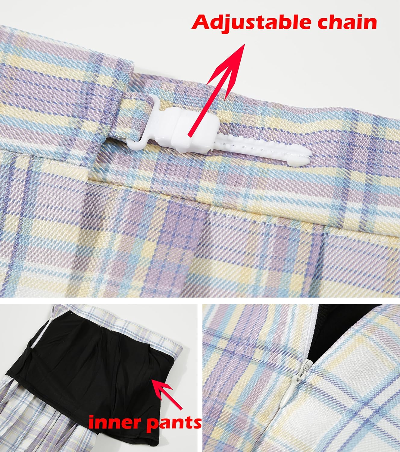 Women's Girls High Waist Plaid Pleated Uniform Skirts with Bow Ties Set(Medium,White Purple Blue Skort)