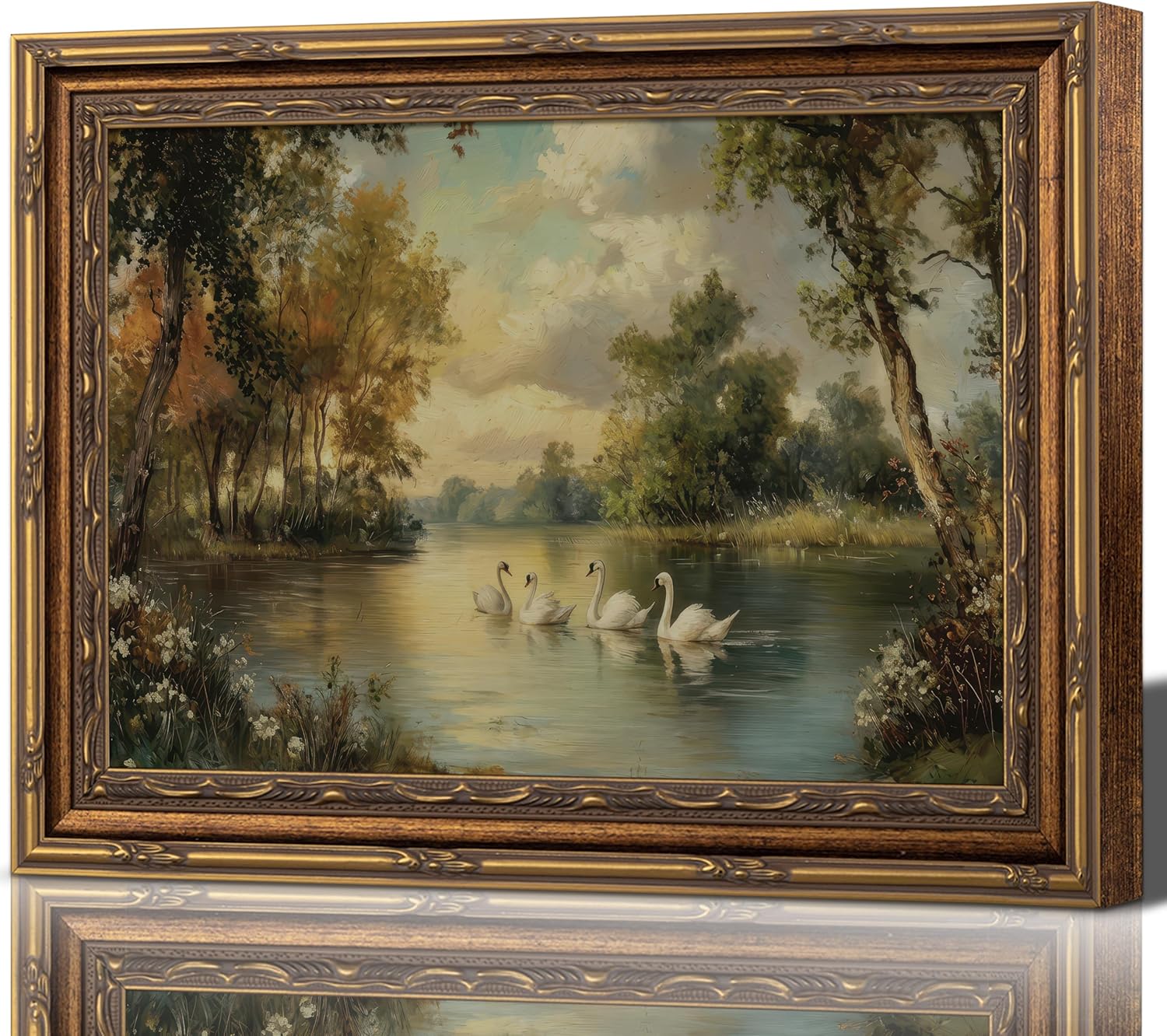 Framed Vintage Classical Swan Canvas Wall Art White Swan Painting Picture Wall Decor Rustic Farmhouse Animal Poster Print Artwork for Bedroom Living Room Bathroom Office Apartment Home Decoration