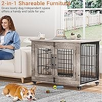Vista 2 de Lulive Mueble de jaula para perros medianos, 32 pulgadas, para interiores con cojín y ruedas, jaula de madera para perros con puertas dobles, mesa