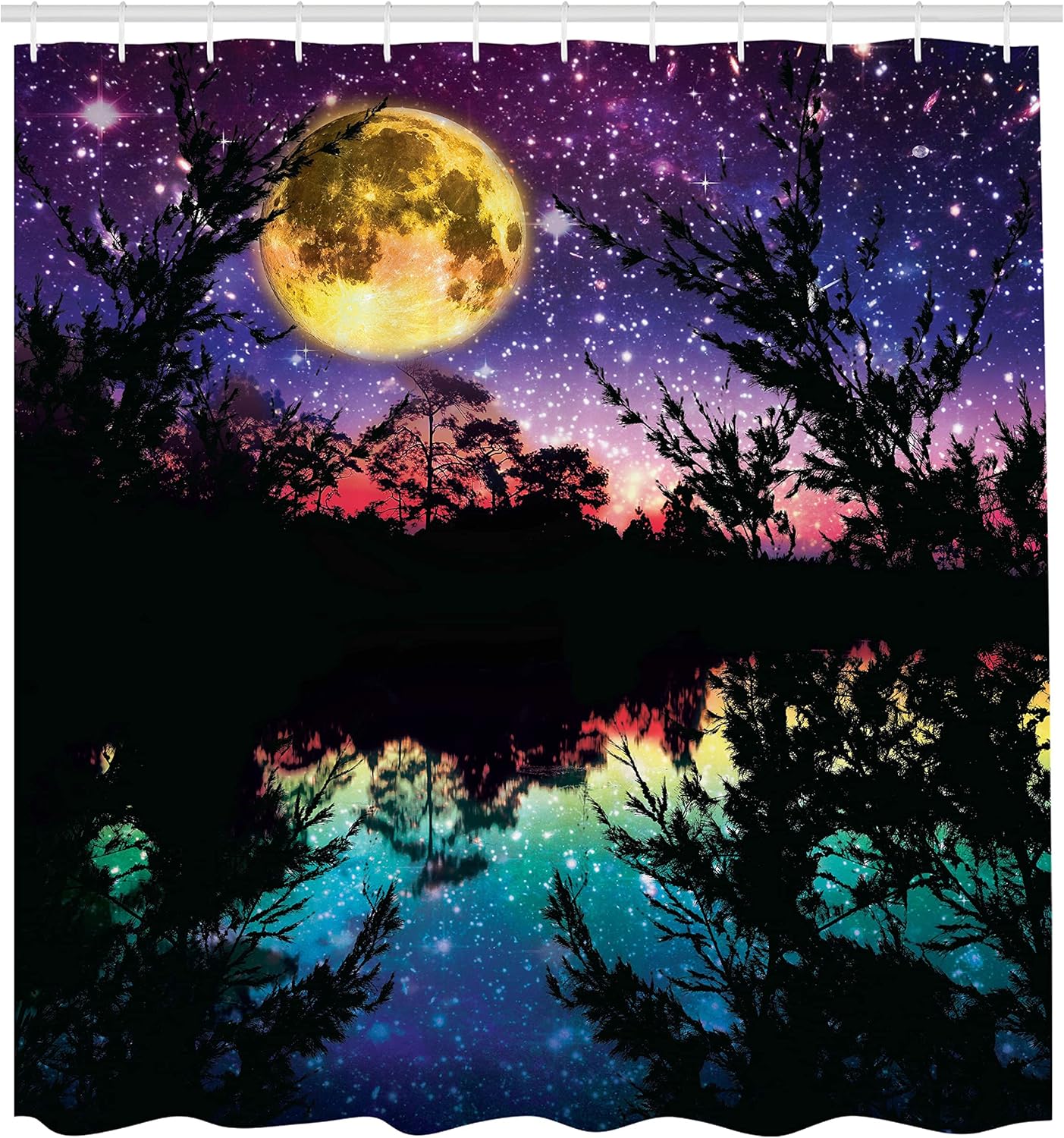 Ambesonne Purple Shower Curtain, Lake Moonlight Stars in Night Sky with Trees Contemporary Modern Design, Cloth Fabric Bathroom Decor Set with Hooks, 69" W x 75" L, Dark Colors
