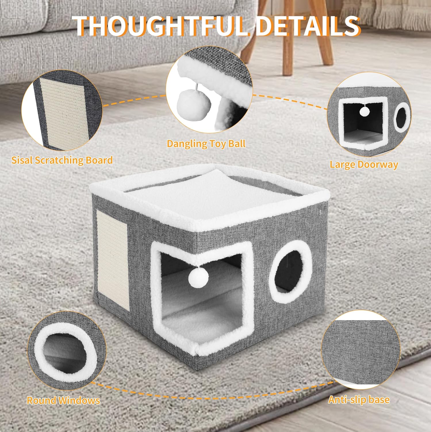 Cat Beds for Indoor Cats, Large Cat Cave with Fluffy Ball and Scratch Pad, Foldable Cat Scratch House with Hideaway Condo for Kitten, Grey
