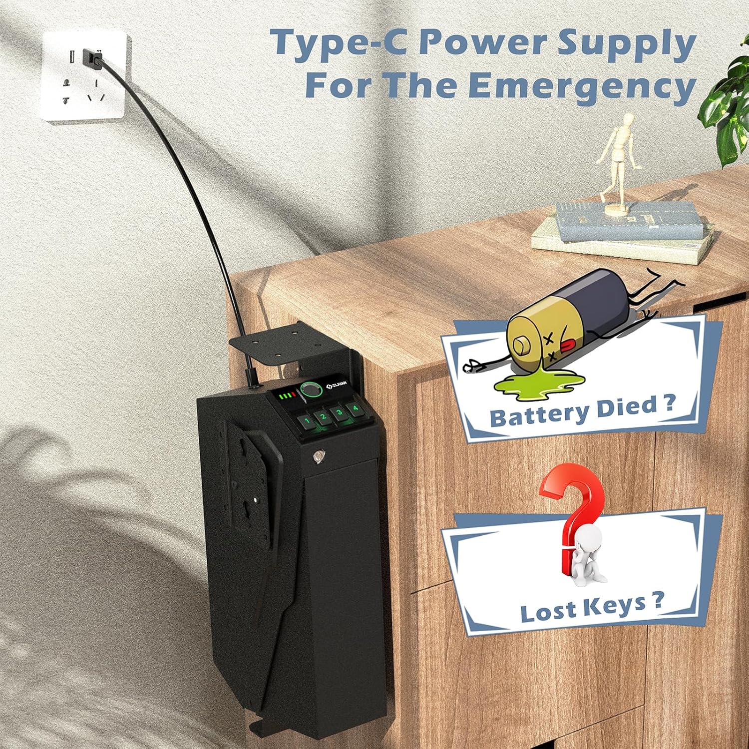 Mounted Gun Safe for Pistols,Quick-Access Handgun Pistol Safe for Nightstand Bedside Desk Bed with Biometric Fingerprint, Keypad Lock,Key