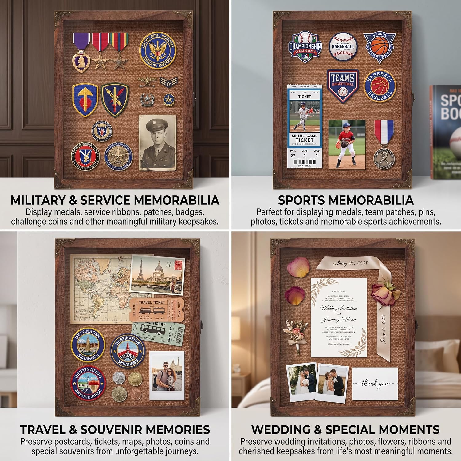 Shadow Box Frame 11x14 with Glass Door, Solid Wood Display Case, Rustic Memory Box with Vintage Lock for Wedding Bouquet, Medals, Photos, Military Memorabilia & Keepsakes image 2