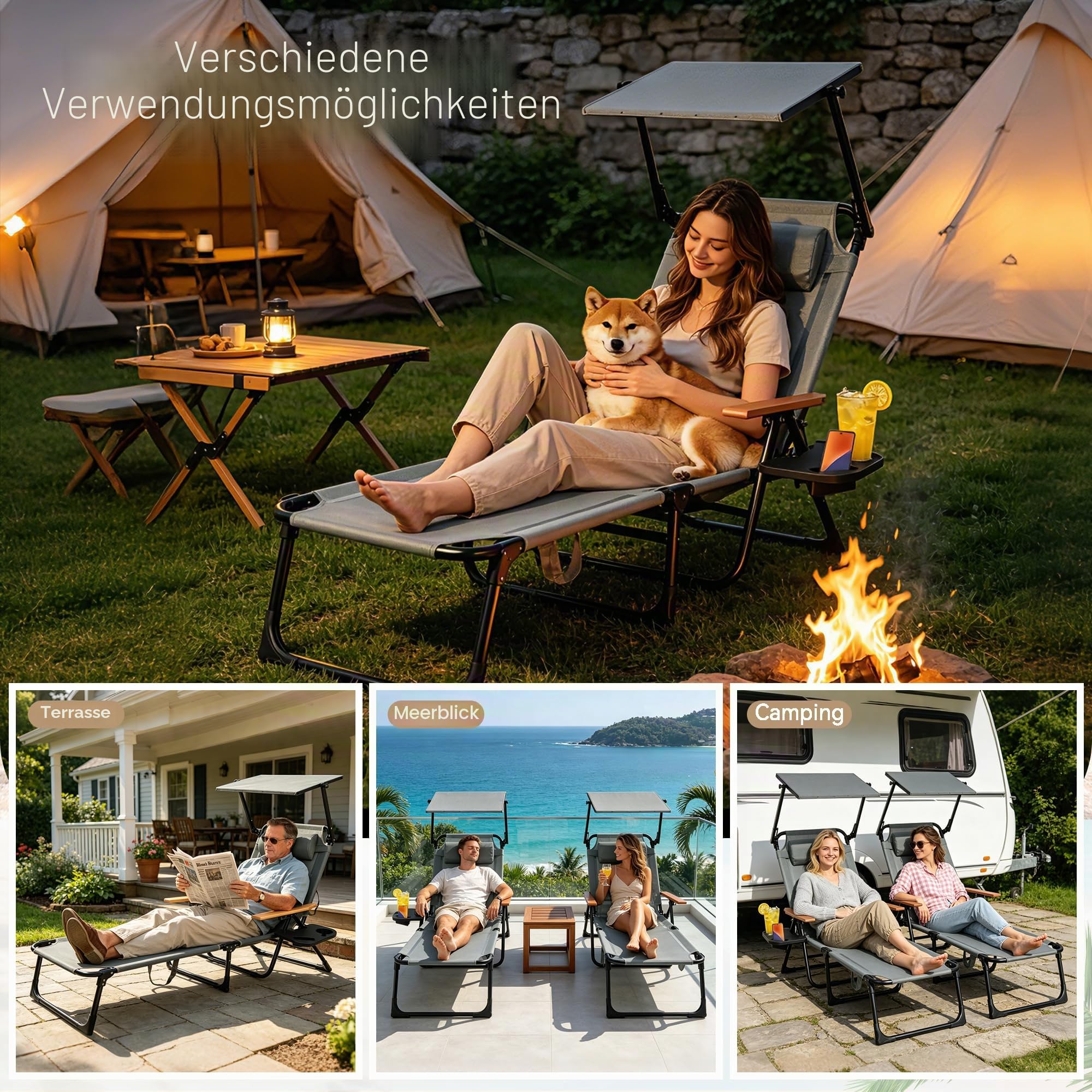 Sonnenliege Klappbar mit Dach, Gartenliege Wetterfest mit Armlehne und verstellbarer Rückenlehne, Liegestuhl Balkon mit Getränkehalter, belastbarkeit 150 kg, Outdoor Liege für Garten, Balkon & Strand