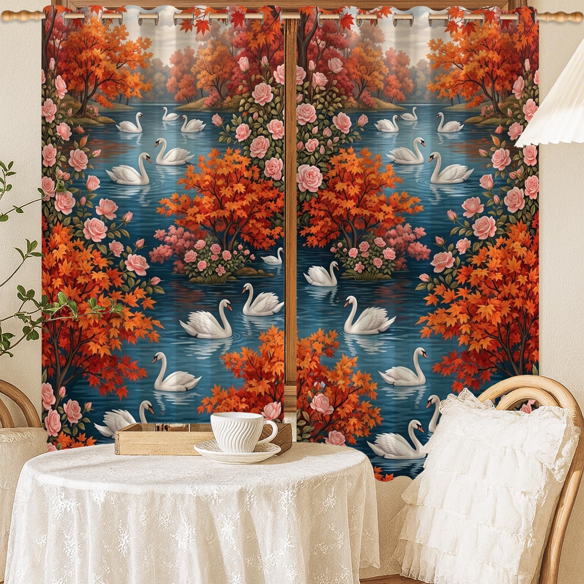 Rideaux occultants cygne et roses 132 x 137 cm lavables pour décoration de salon