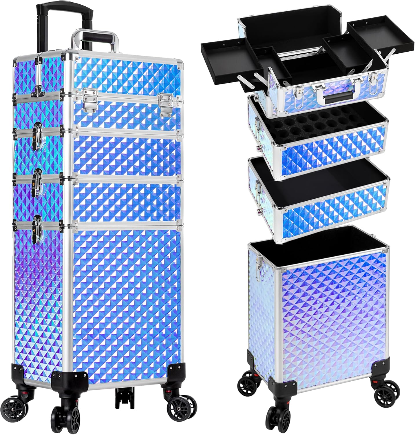 AROUS Rolling Makeup Train Case 4 in 1 Cosmetology Case on Wheels Large Storage Cosmetic Trolley with Key Salon Barber Case Traveling Cart Trunk, Colorful