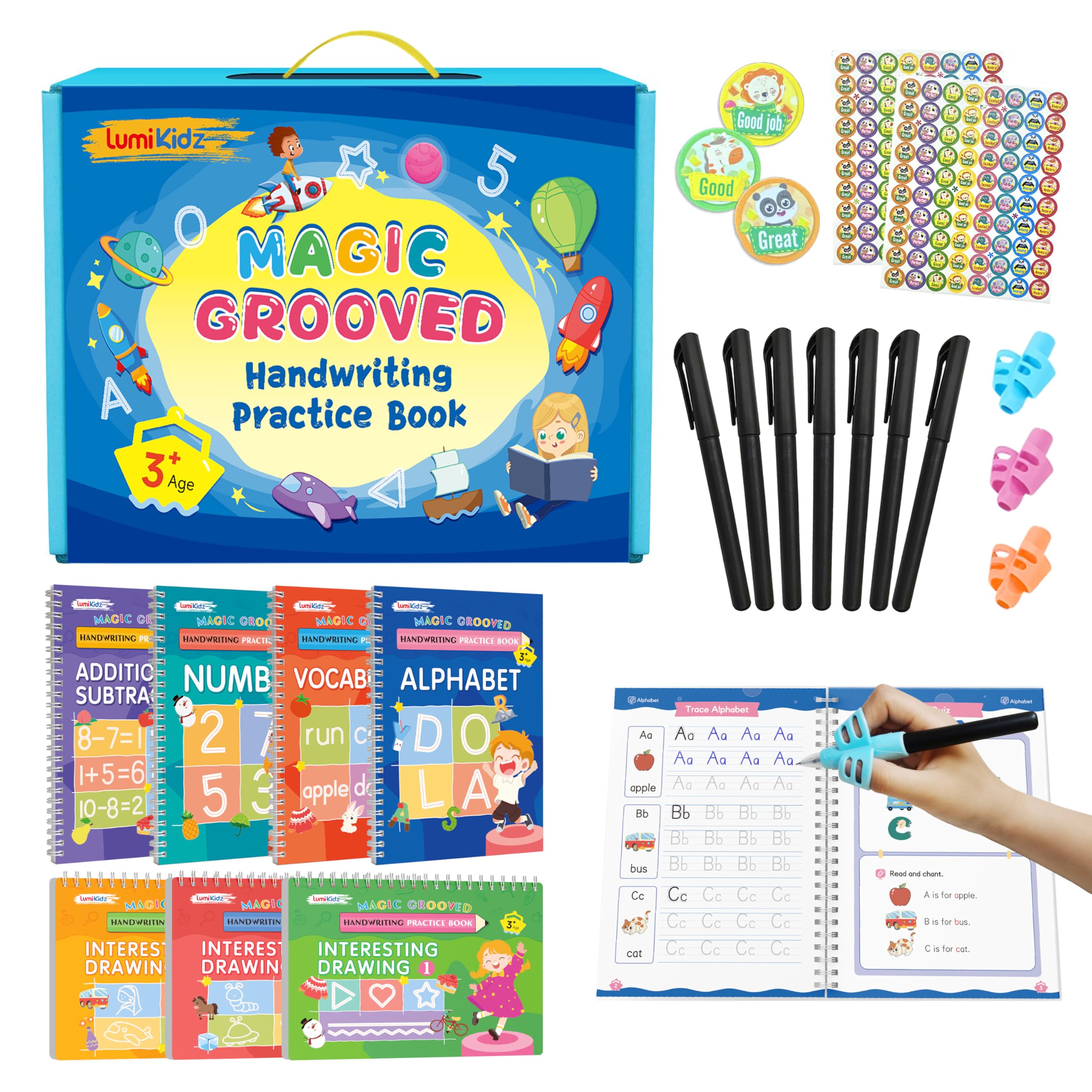 Photo 1 of Lumikidz Magic Grooved Writing Practice for Kids Ages 3–5 - Reusable Grooved Writing Books for Kids 3–5 - Handwriting Practice for Kids 5–7 - Preschool Tracing Books & Learning Activities