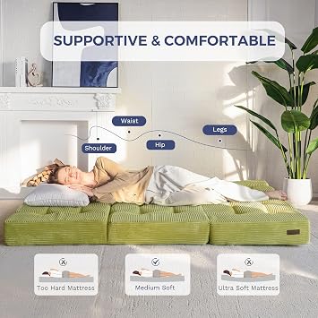 MAXYOYO Folding Mattress, Comfy Corduroy Foldable Mattress with 15cm Thicken Foam, Tri-Fold Floor Futon Sofa Bed for Guest,Light Green,Single