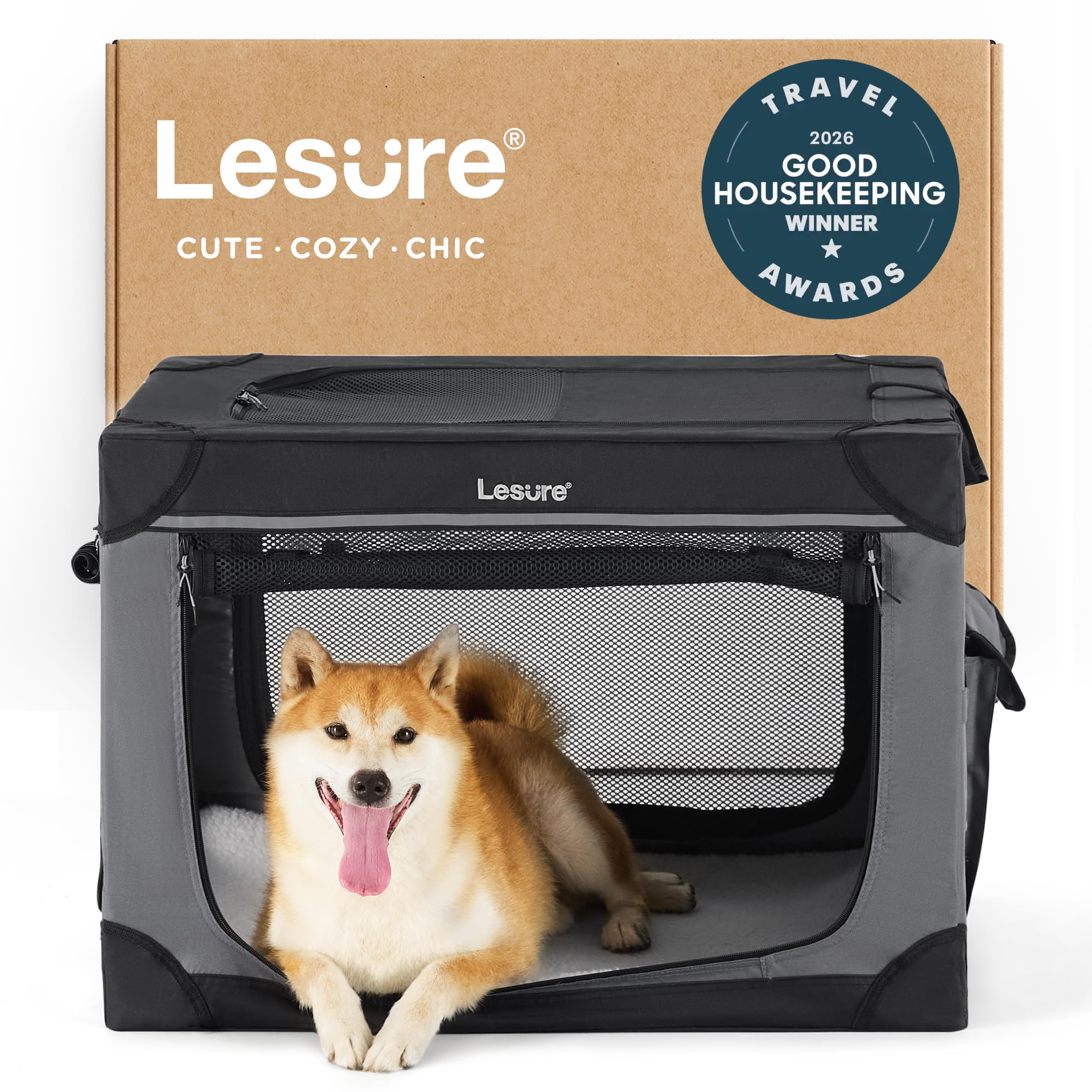 lesure shown on today show soft collapsible dog crate - 30 inch portable travel crate for medium dogs indoor & outdoor, 4-door foldable pet kennel with mesh windows, black