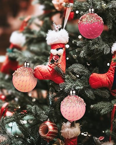 Miniatura 4 de 3 adornos de bolas de Navidad, bolas colgantes de plástico con purpurina rosa inastillable, decoraciones para festividades, bodas, fiestas de