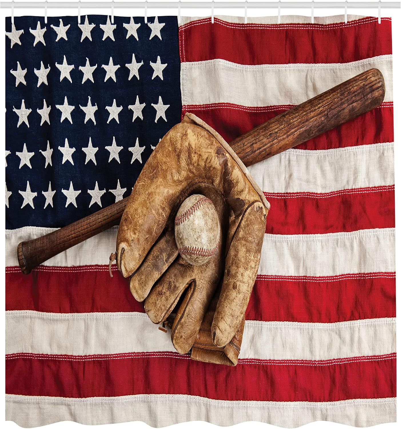 Ambesonne Baseball Shower Curtain, Vintage Baseball League Equipment USA Grunge Glove Bat Fielding Sports Theme, Cloth Fabric Bathroom Decor Set with Hooks, 69" W x 70" L, Brown Red Blue