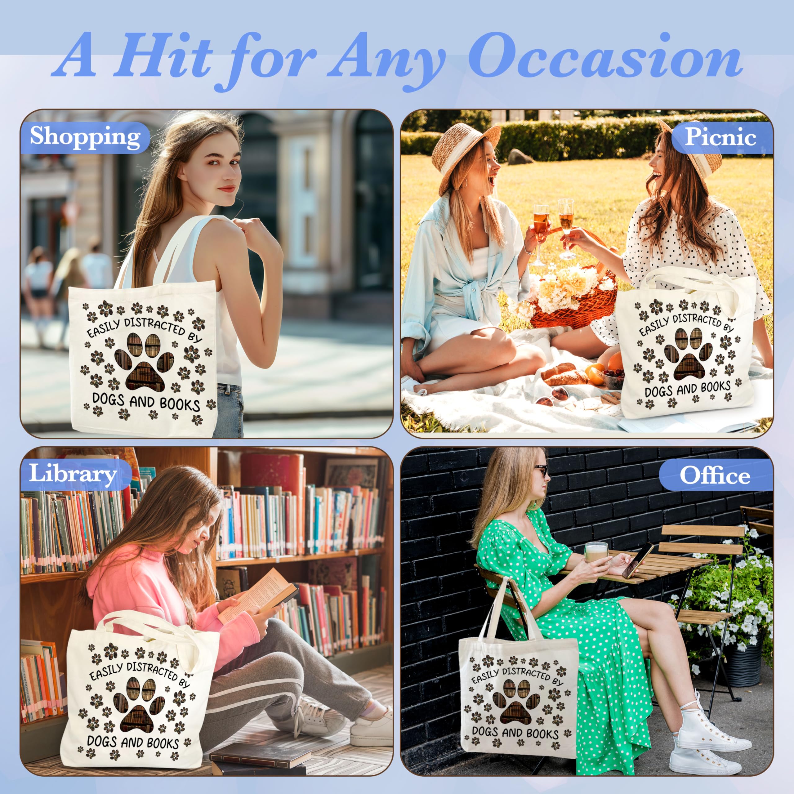 Zcsni Dogs And Books Tote Bags, Easily Distracted By Dogs And Books Shopping Bag For Women, Cute Gifts For Friend Book Lovers Read Lovers Dog Lovers Dog Mom, Shoulder Bag For Library Read Room -A06 - Image 4