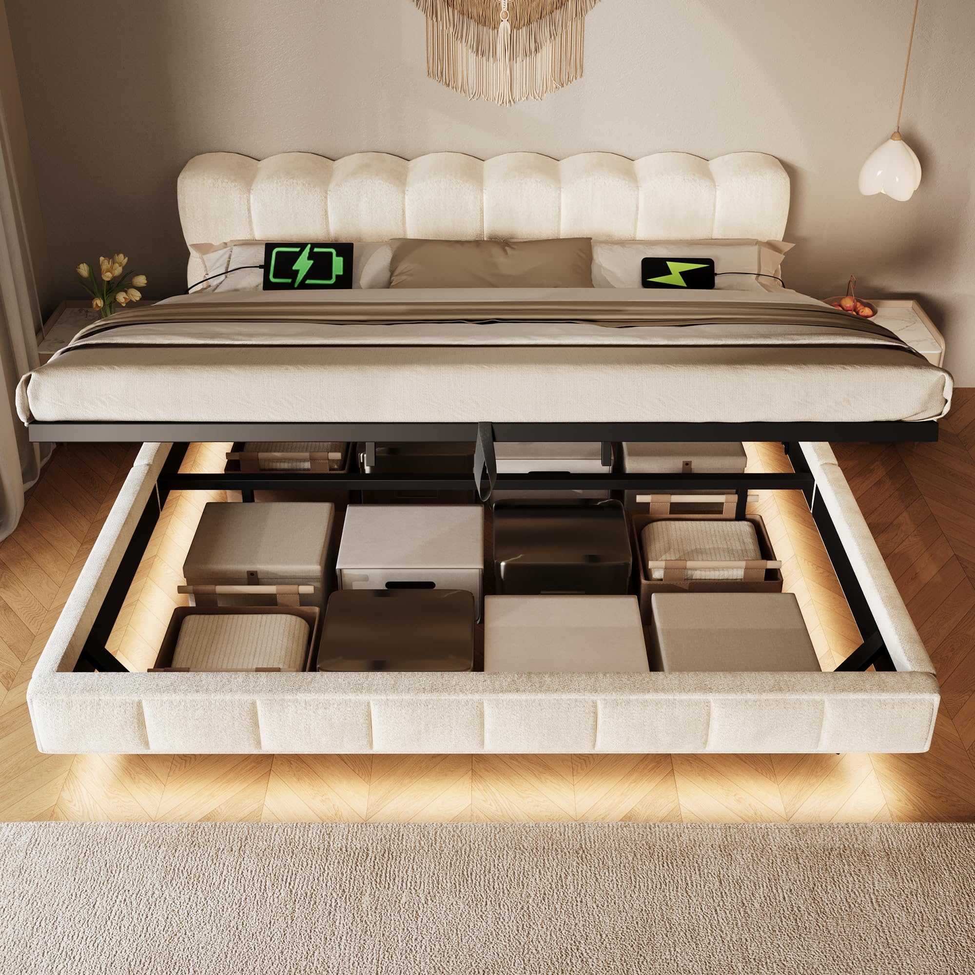 Letto fluttuante imbottito matrimoniale 160x200cm con rete a doghe,Letto sospeso con contenitore idraulico e LED e USB/Type-C,letto nuvola design a bolla Ciniglia Beigeé,Materasso non incl