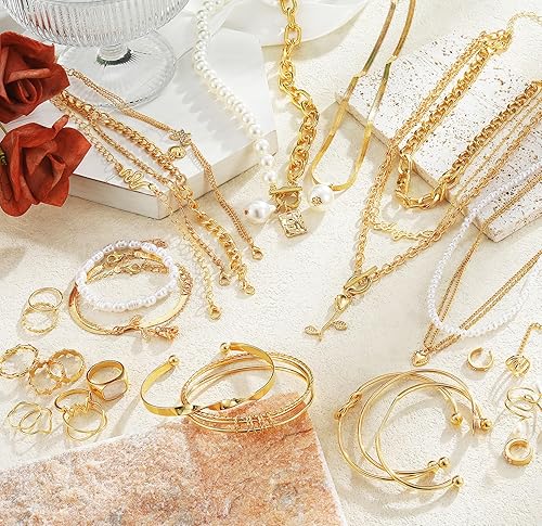 Miniatura 7 de 17IF Juego de 36 joyas doradas con 8 anillos 6 collares 12 pulseras y 10 aretes para mujeres y niñas paquete de joyas de moda para aniversario