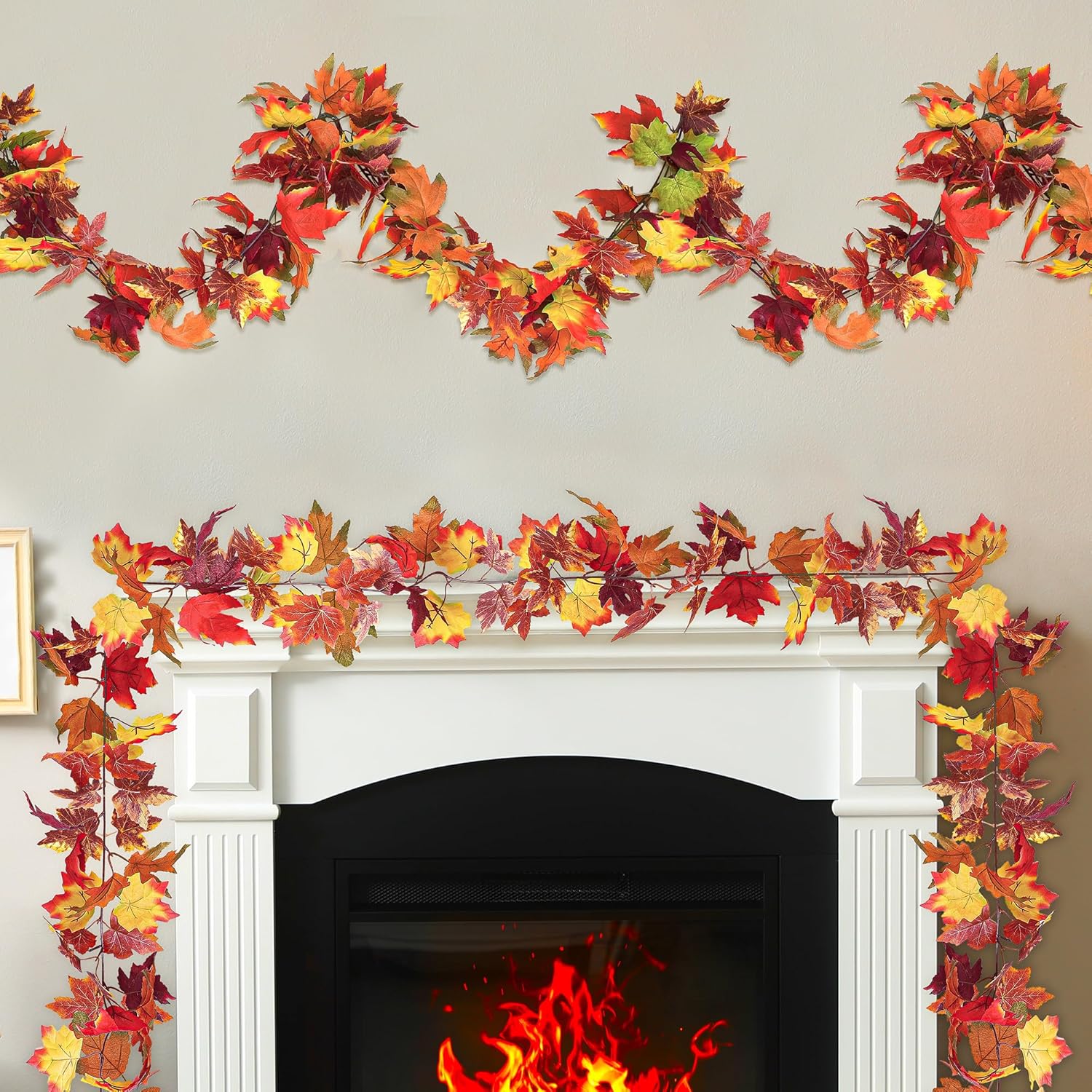 Helimoto Fall Outdoor Garland, 8 Pack 47.2 FT Hanging Fall Garland, Artificial Maple Indoor Autumn Leaves Garlands, Fall Decorations for Home Thanksgiving Decor Wedding Party Wall Fireplace Mantle