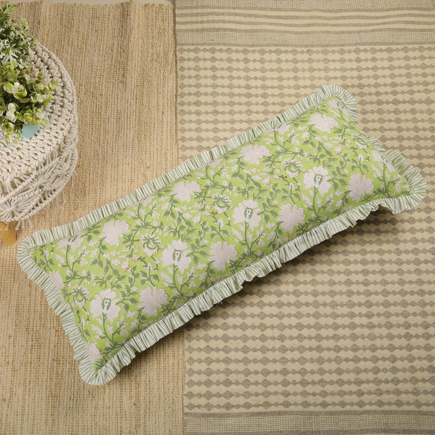 Trade Star Decorative Ruffles Cushion Cover 100% Soft Cotton Pillow Cover Handmade Reversible Bedding PiIlow Shams for Home Decor Hand Block Print Boho Floral Pillowcase Pattern-2, 14"X36"