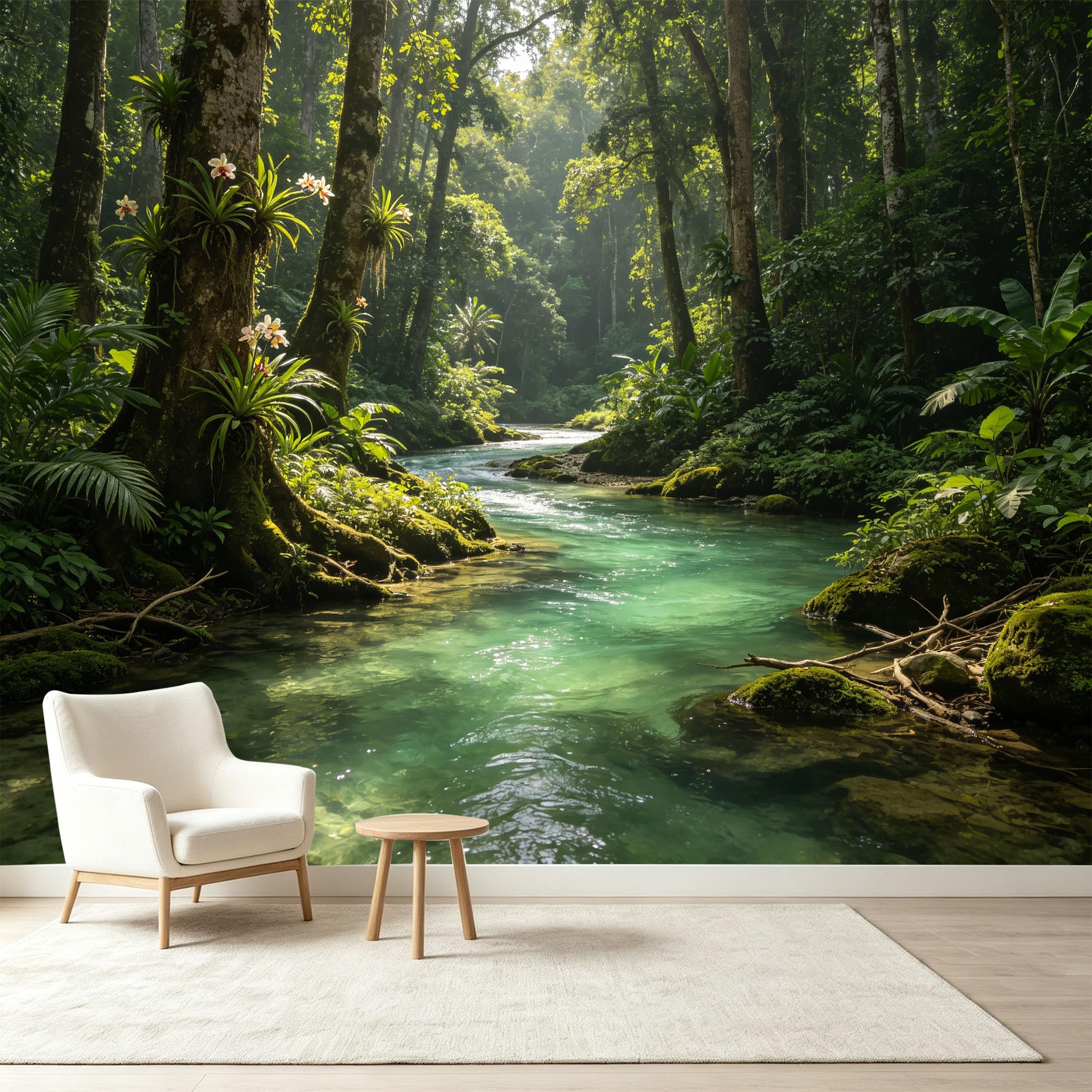 Custom Size Wall Murals Tropical Rainforest Landscape River Sunlight Trees Plants Self-Adhesive Wall Fabric Removable Wallpaper Wall Decor for Living Room Bedroom Bathroom