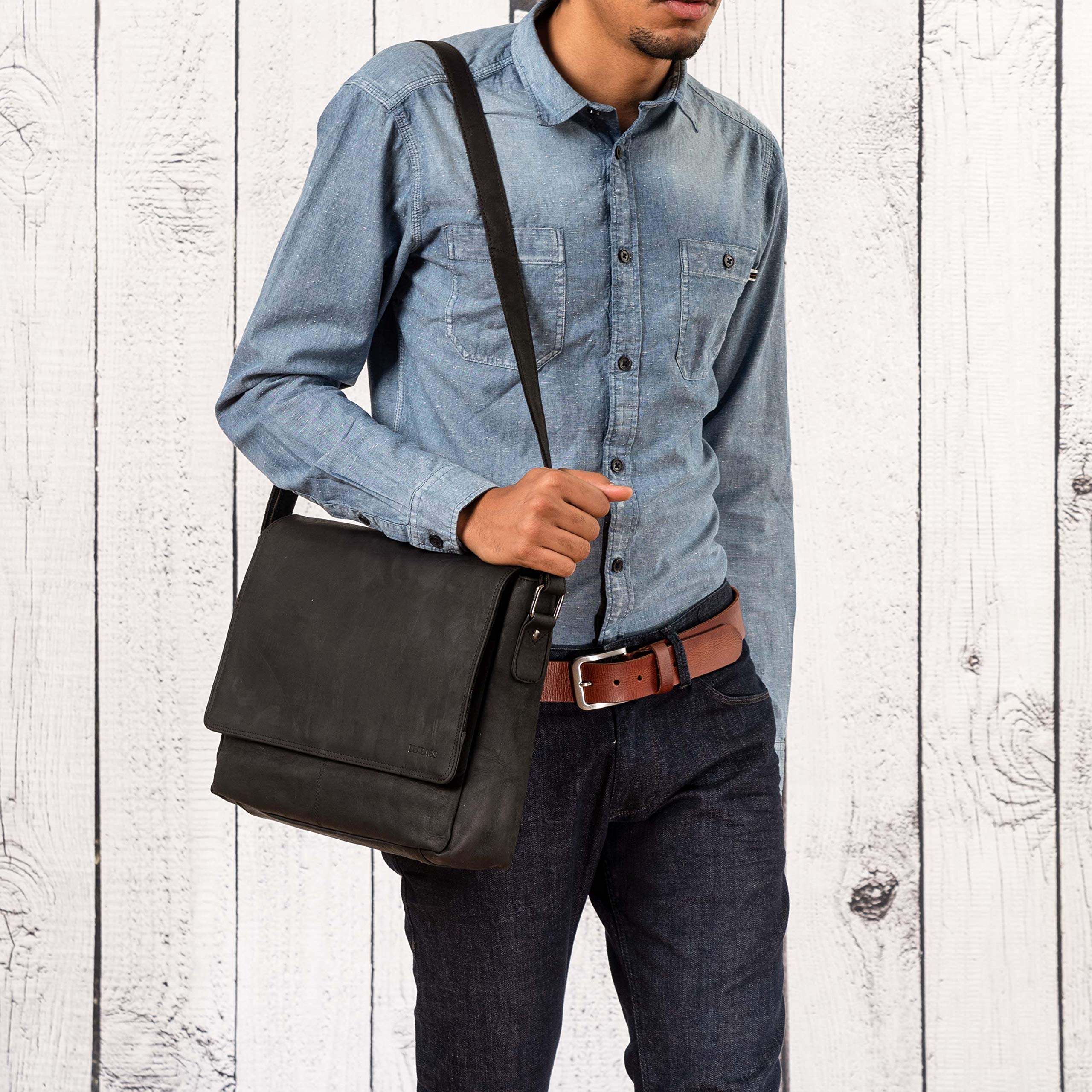 LEABAGS Borsa a Tracolla in Pelle per Uomo e Donna | Borsa per Laptop in Vera Pelle fino a 14 Pollici | Messenger Bag con Tracolla | Borsa da Lavoro, Trasporto e a Mano