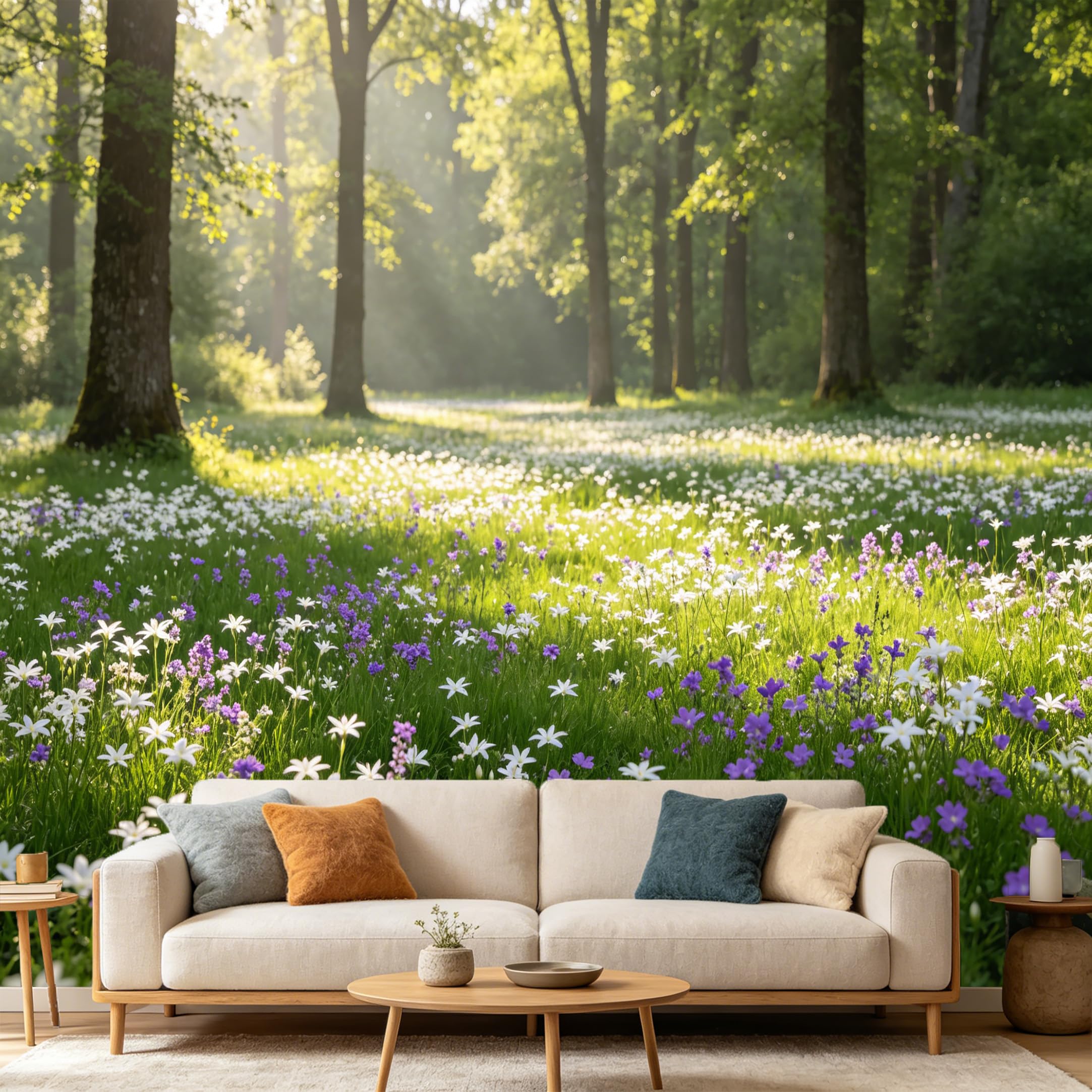Custom Size Wall Mural Forest Sunbeams Wildflowers Meadow Landscape SelfAdhesive Art Prints wall Fabric（No PVC） Removable Wallpaper Home Bedroom Decor Nature Wall Art Mural