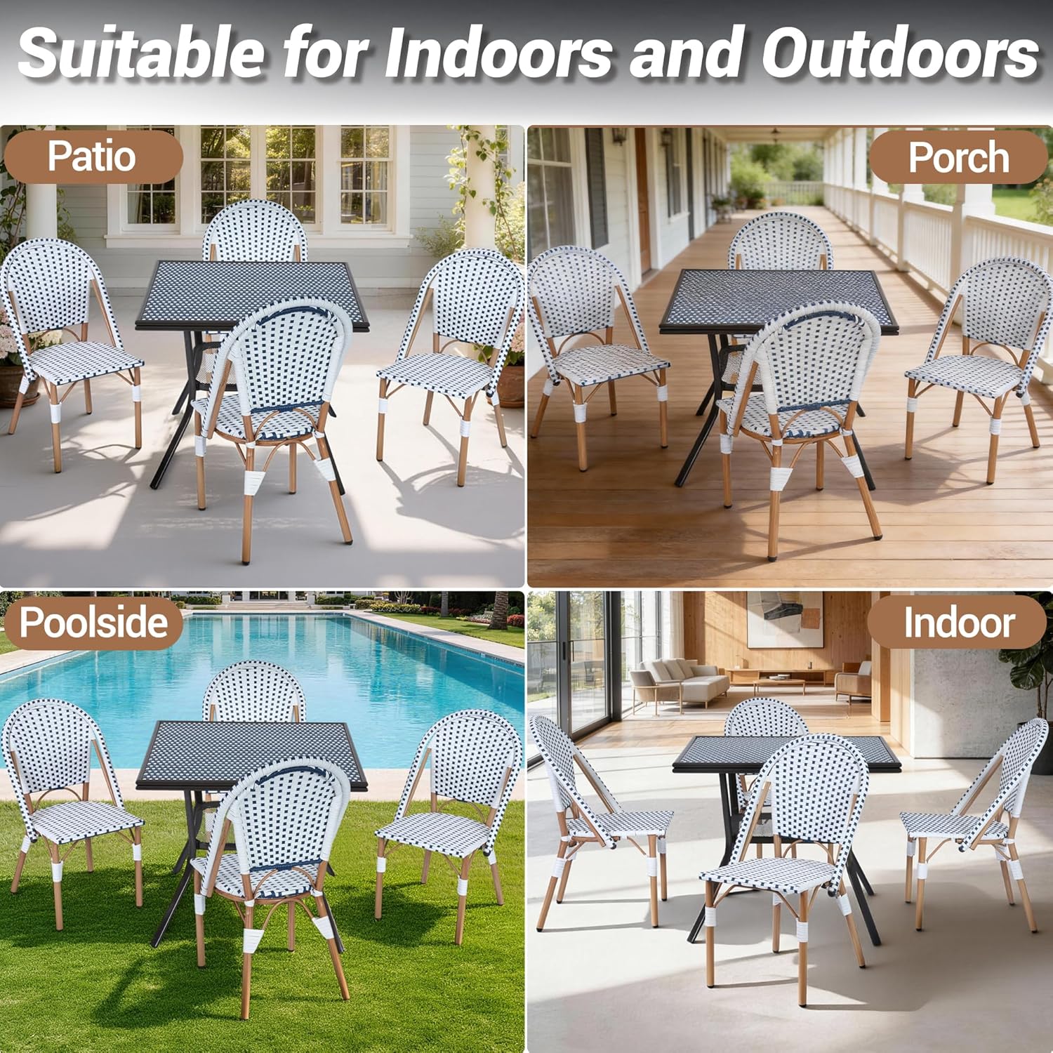 Patio French Chairs Set of 4, Outdoor Hand-Woven PE Wicker Armless Dining Chairs w/Metal Frame, Rattan Bistro Chairs for Front Porch Garden Deck Balcony Poolside, White/Blue