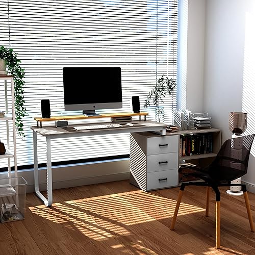 ARTPOWER Escritorio para computadora en forma de L con 3 cajones y estante, escritorio de esquina grande de 55 pulgadas para oficina en casa con