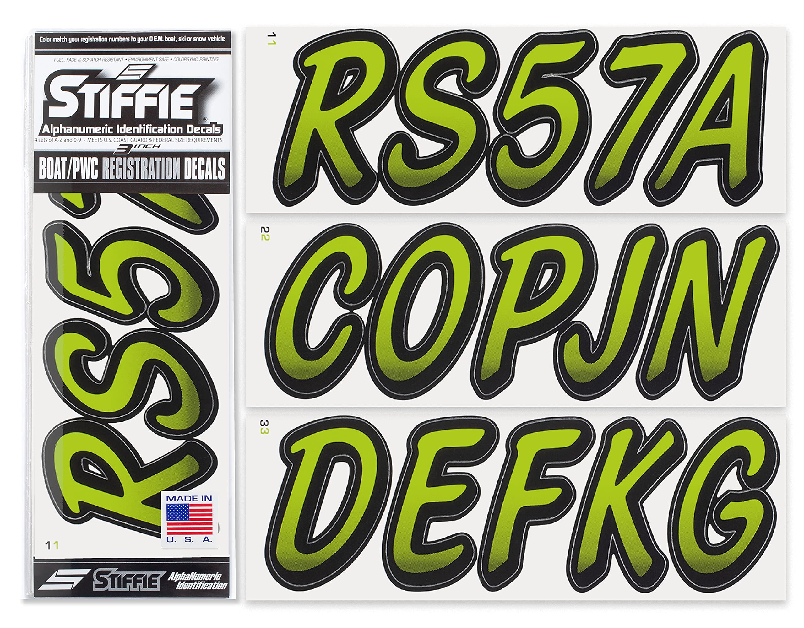 STIFFIE Whipline Electric Lime/Black 3" Boat &amp; PWC Registration Decals • Numbers Letters Stickers