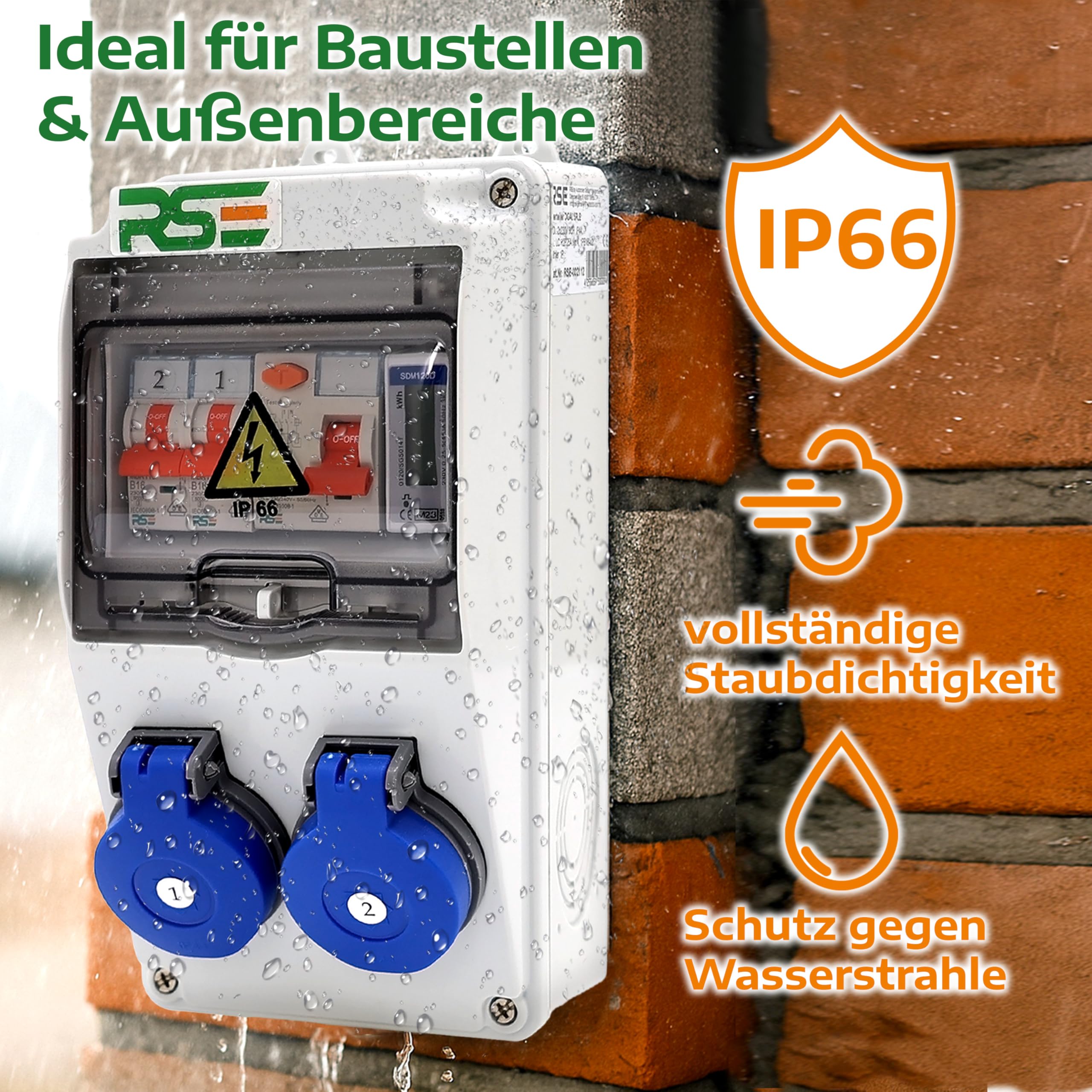 RSE BAUSTROMVERTEILER WANDVERTEILER KOMPLETT VERDRAHTET 230V SCHUKO MIT ZÄHLER ZUR AUSWAHL IP65, 8. 6X 230V MIT LS + FI