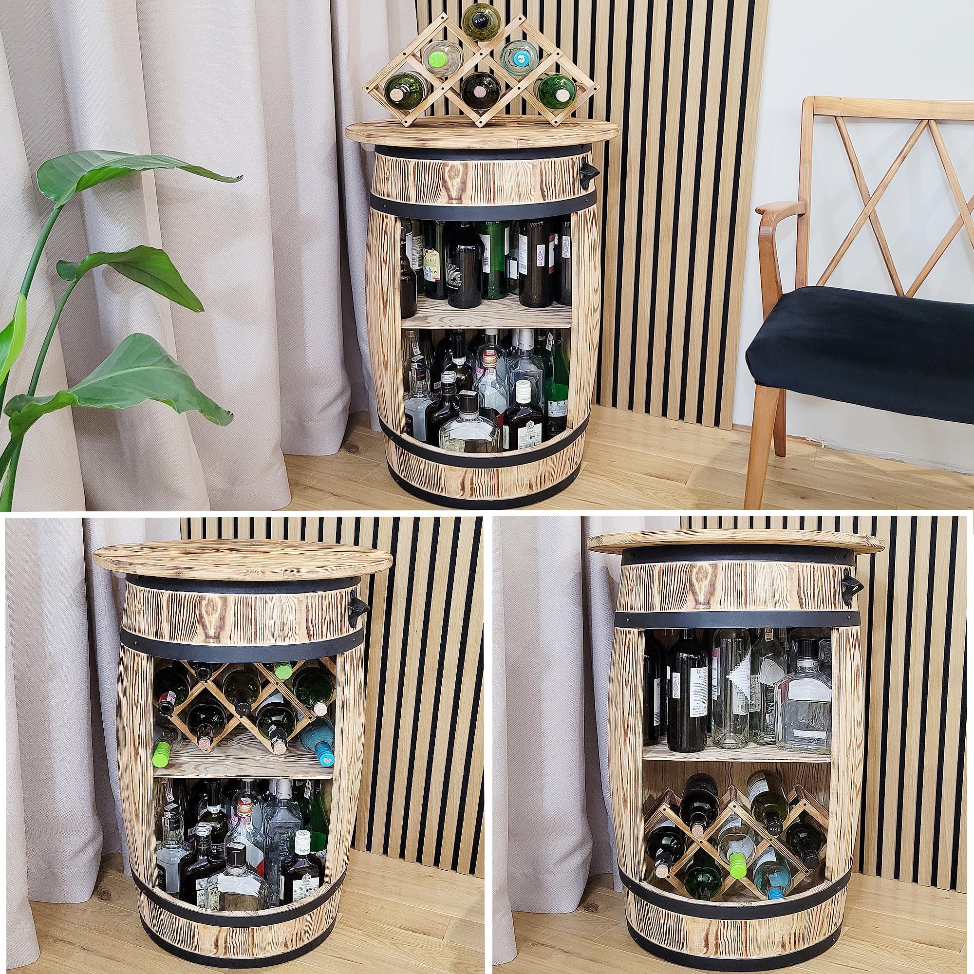 weeco Barile di vino con top blat e portabottiglie – Armadietto per vino – Tavolo da bar in legno – Barile di legno – Portabottiglie per vino – Tavolo da 80 x 50 cm