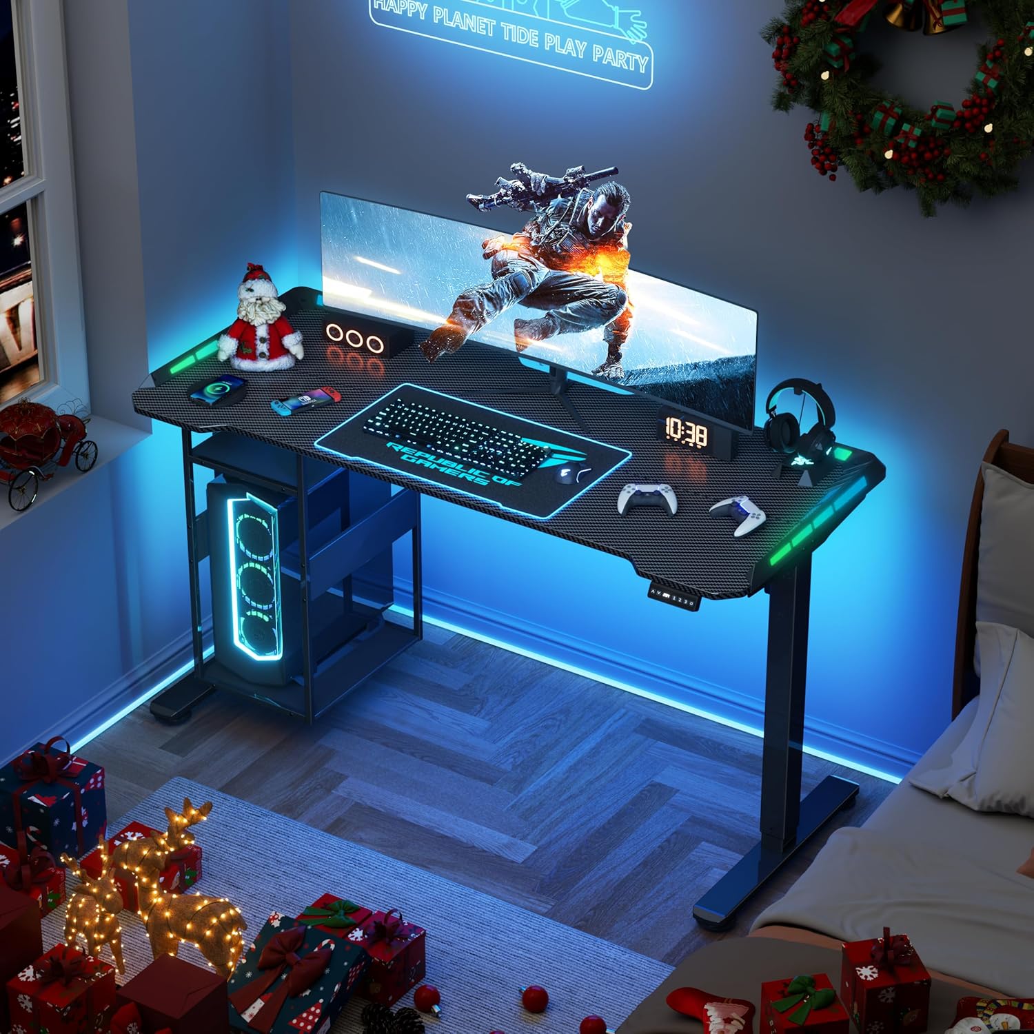 Gaming Standing Desk with LED Lights & Host Shelf, 55" x 24" Gaming Table with Music Sensing APP Control, Underdesk Cable Storage Electric Standing Desk, Black Carbon Fiber PC Table for Home Office 55" x 24" Black Black 3d Carbon Fiber