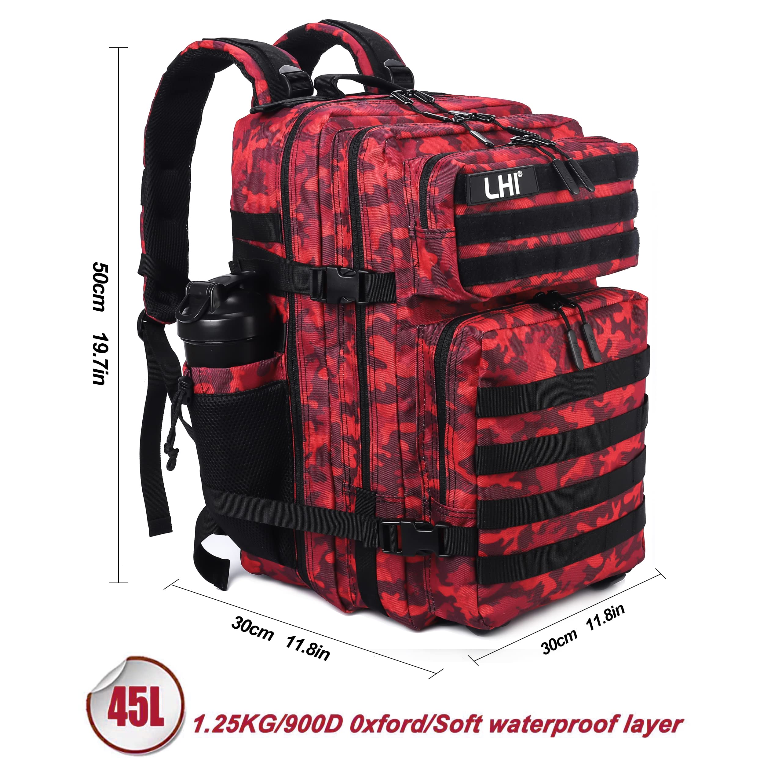 LHI Militärstil Taktischer Rucksack 45L mit MOLLE-System – Wasserdicht für Wandern, Survival, Camping & Outdoor - Rote Tarnung