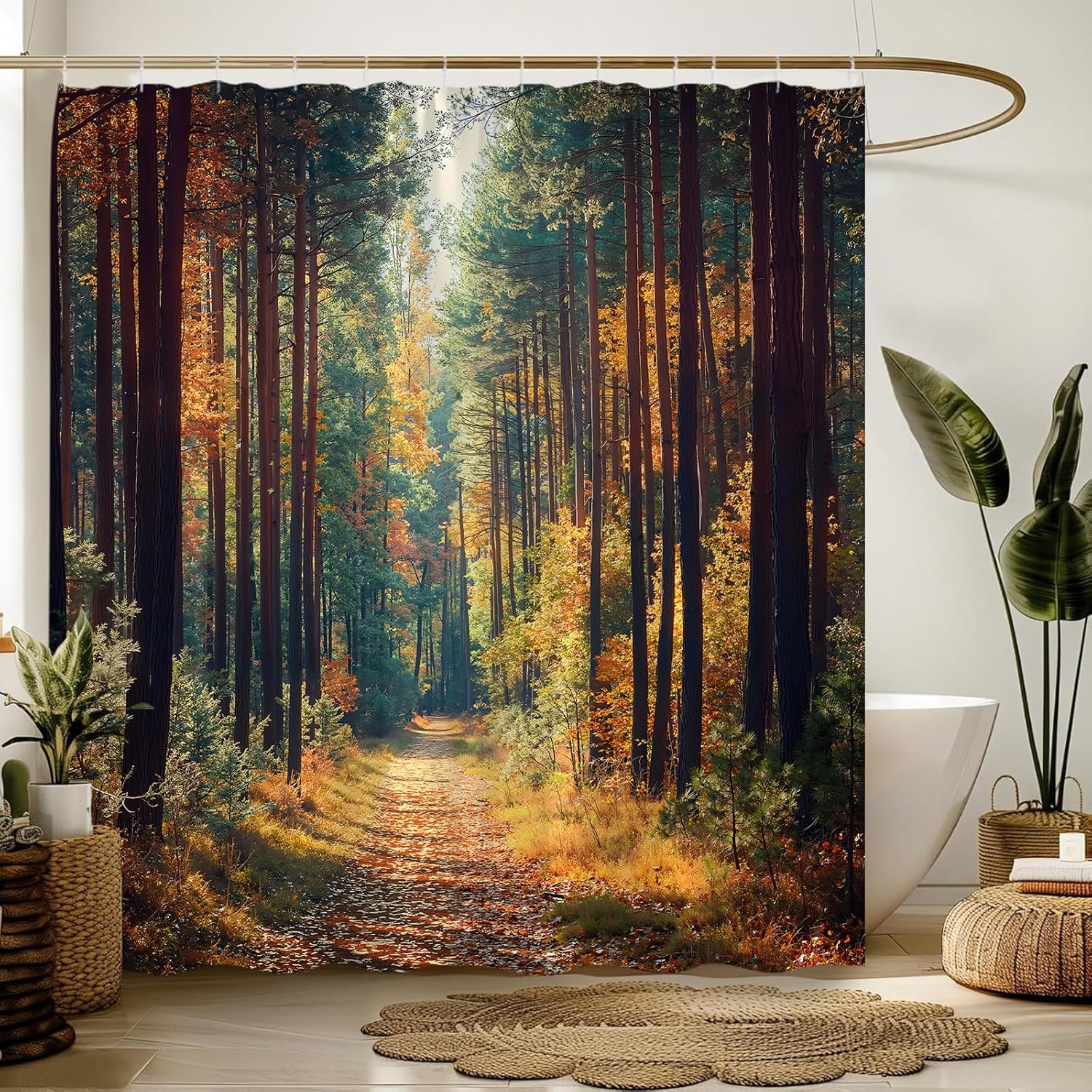 Fall Forest Shower Curtain Autumn Golden Maple Leaves Tree Sunset Road Nature Season Landscape 70" Wx84 H Fabric Bathroom Decor Curtain with Hooks