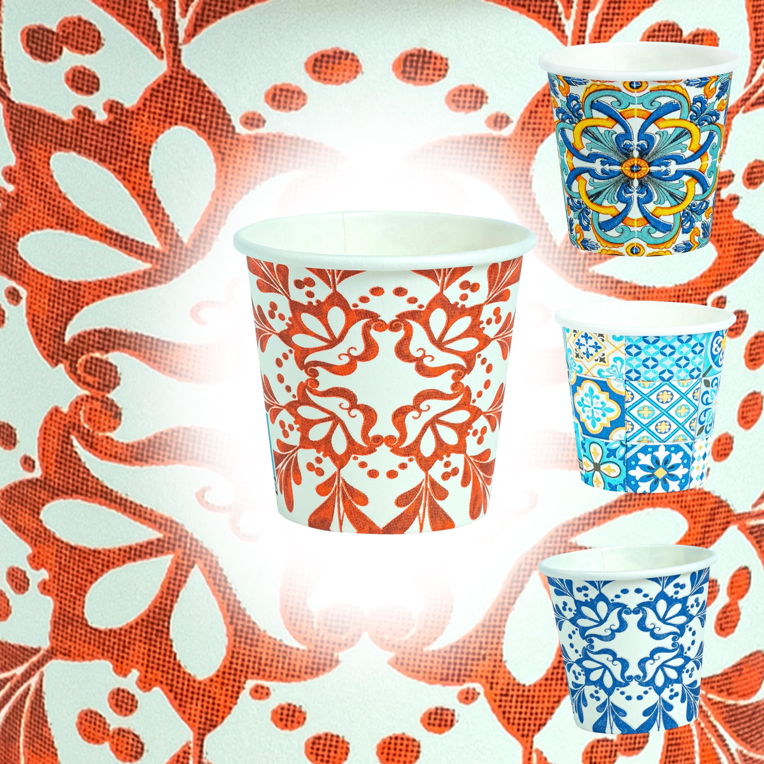 Bicchierini da Caffè 1000 Pezzi, Usa e Getta Biodegradabili 75 ml, Tazzine Caffè Espresso Monouso Compostabili Ecologiche in Carta, Resistenti, con Fantasie Maiolica, per Eventi, Feste, Catering, Bar