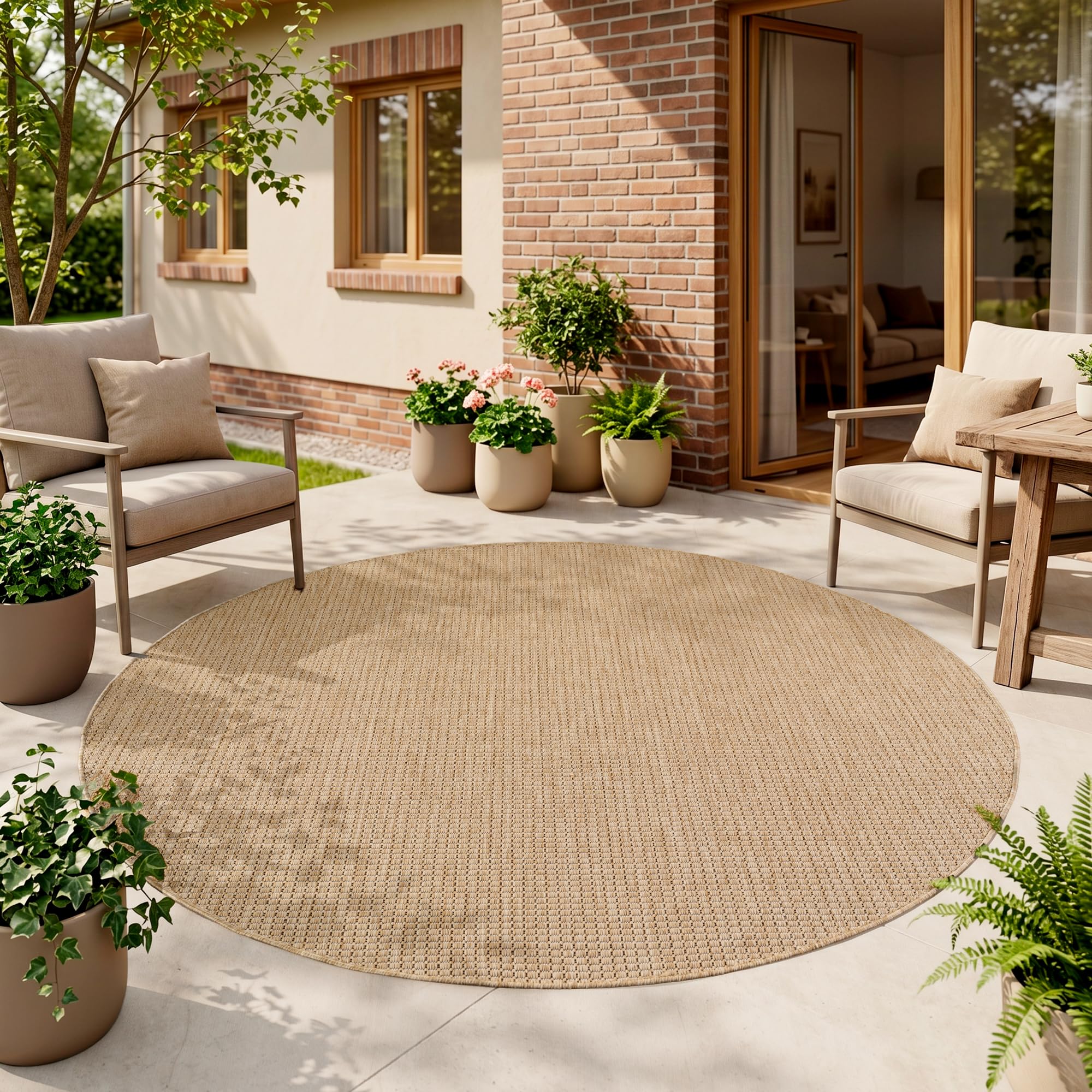 HomebyHome Outdoor Teppich Beige Balkon Terrasse Garten Wetterfest UV-beständig Teppich Einfarbig Flachgewebe Pflegeleicht Robust Modern