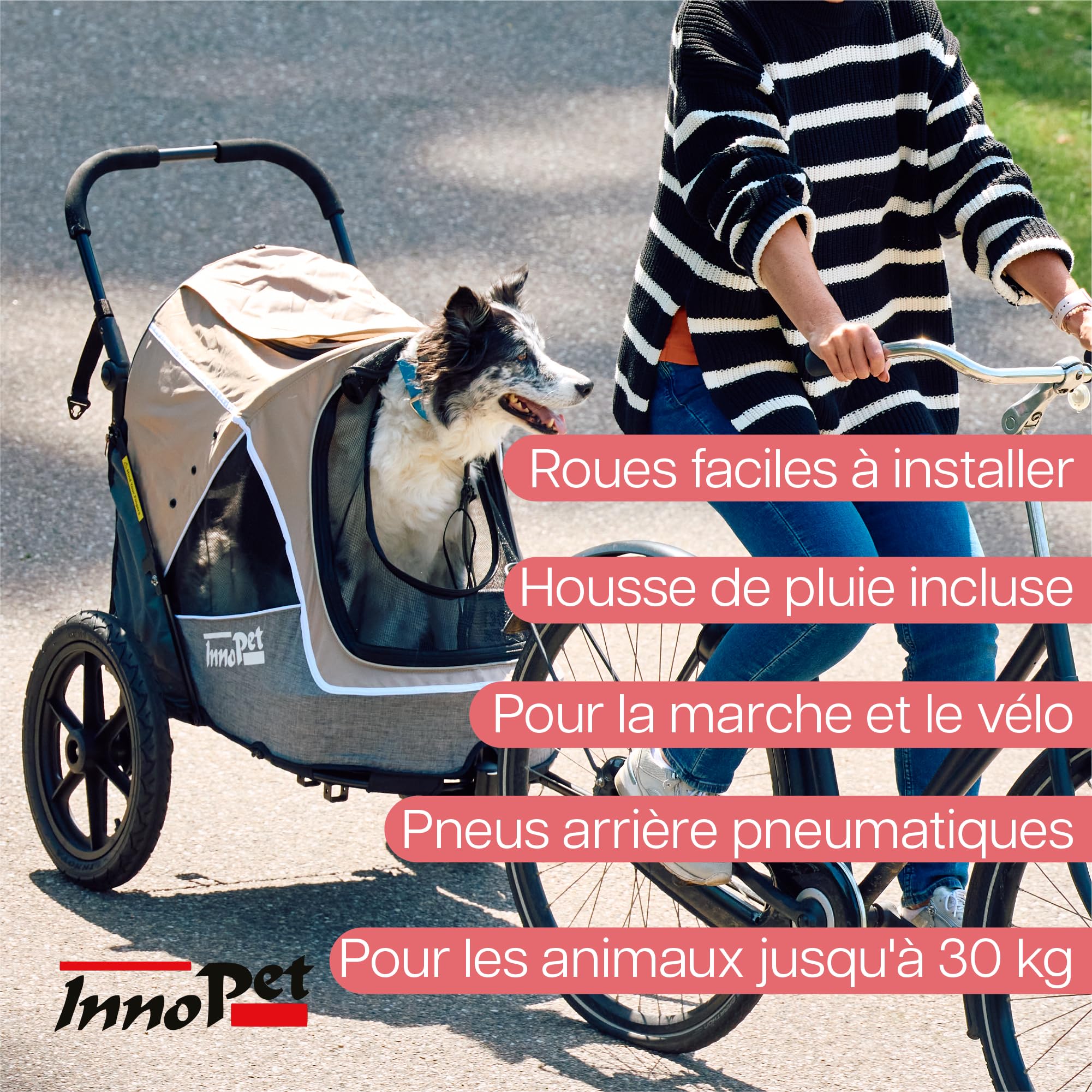 Poussette et remorque pour chien 2 en 1 Innopet Sporty Evolution Latte - Beige/Gris, capacité de 30 kg avec housse de pluie - Poussette pour chat et buggy pour animaux de compagnie