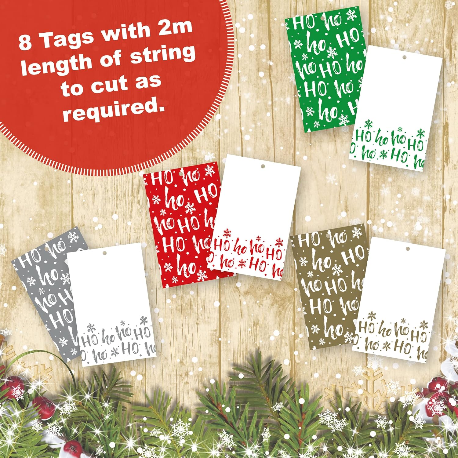 Christmas Wrapping Paper. 8 XL Sheets (50 x 70cm). HoHoHo Design in 4 Colours Including Metallic Silver and Gold. Gift Wrap Pack with Matching Tags. Cutting Grid on Reverse - Image 4
