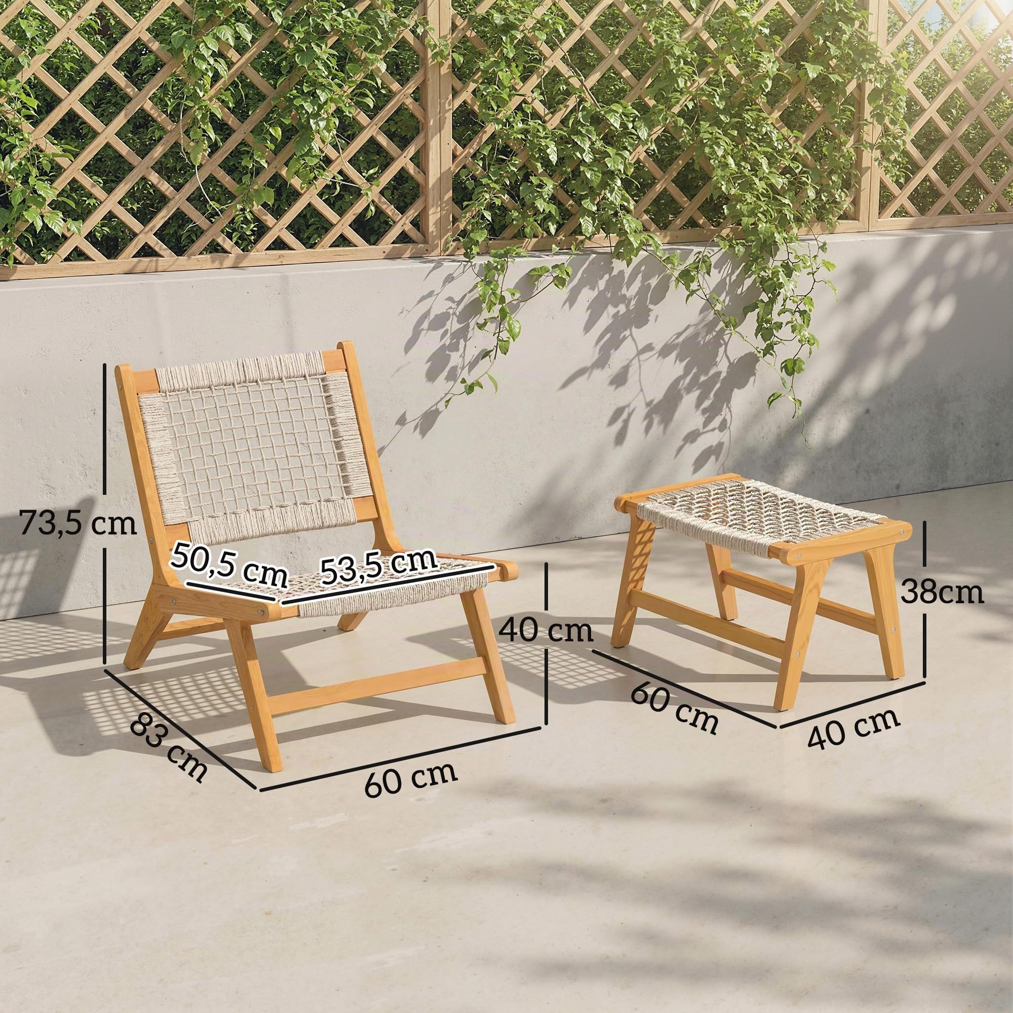 Outsunny Gartensessel mit Hocker 2-Teilig Verstellbare Füße 160 kg Beige | Akazienholz, Outdoor Loungesessel mit Rattan-Sitz, Boho-Stil, Polyrattan Lounge Set, Gartensessel für Garten Balkon
